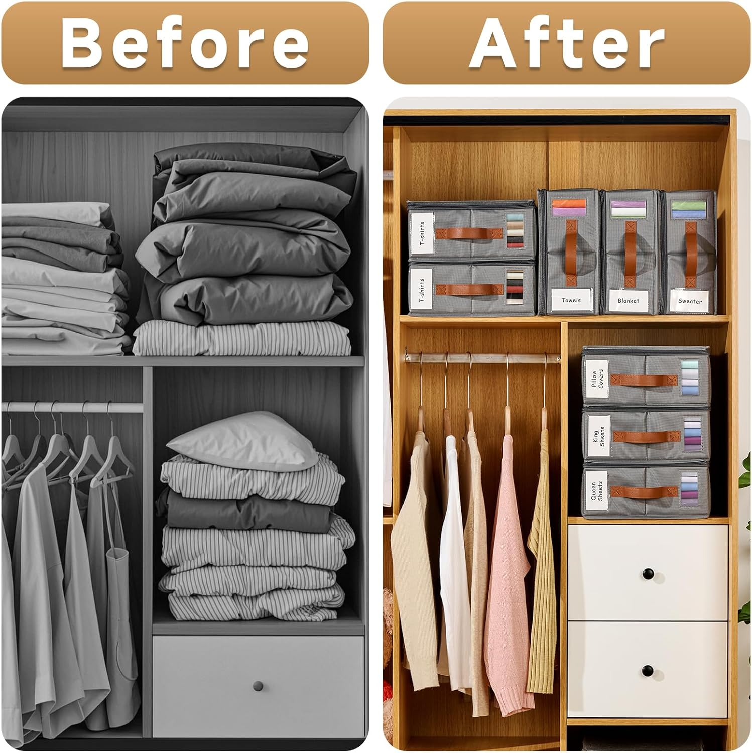 Kithero 4Pack Bed Sheet Organizer, Foldable Linen Closet Organizers and Storage with Sealed Design, Queen & King Size Sheet Storage with Window, Closet Organizer for Bedsheets/Blankets/Clothes, Grey image number 1