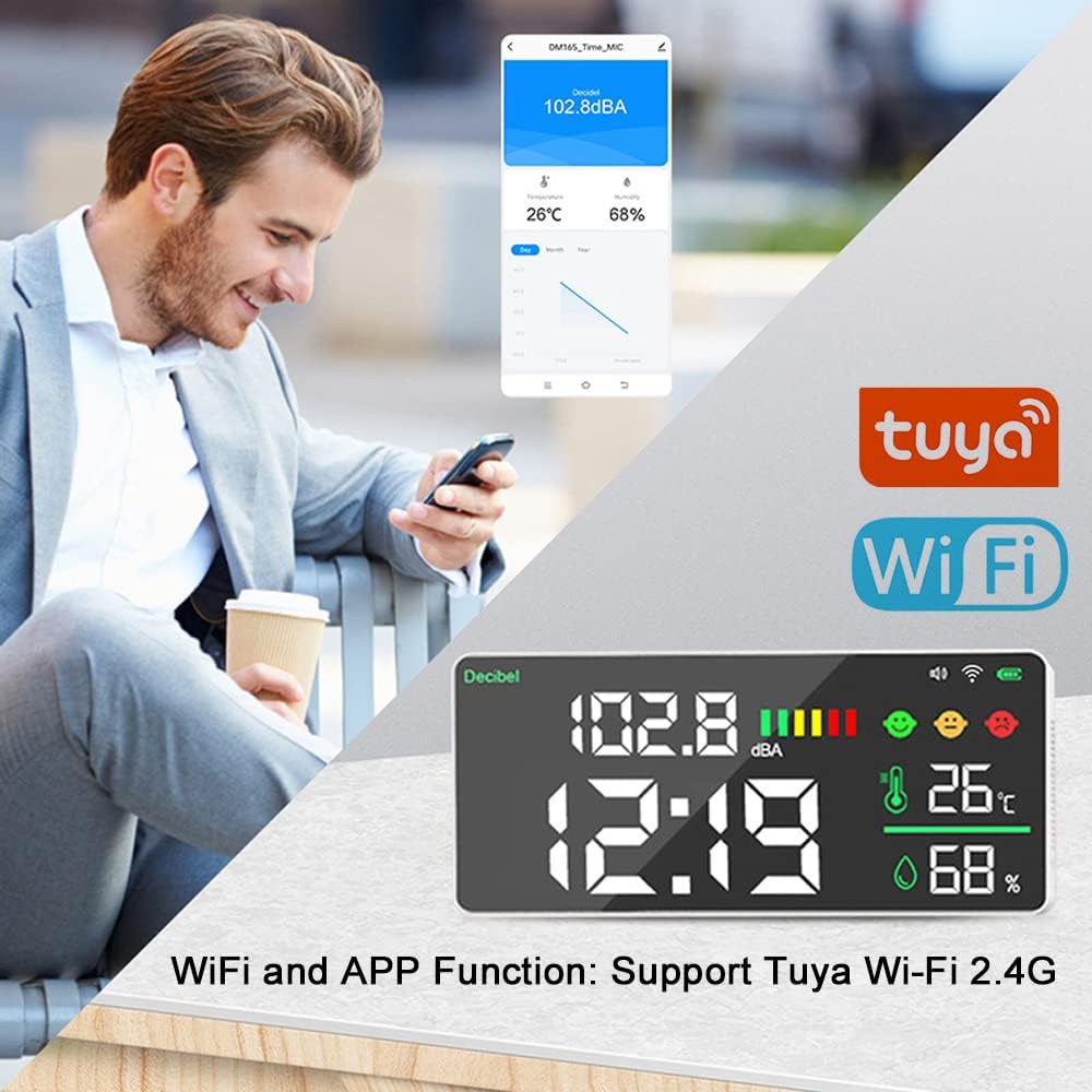 Tuya Wifi Decibel Meter 4In1 Temperature Humidity Decibel Test Alarm Clock 11Inch LED Color Display Tuya Intelligent Linkage APP Control Noise Decibel Meter image number 6