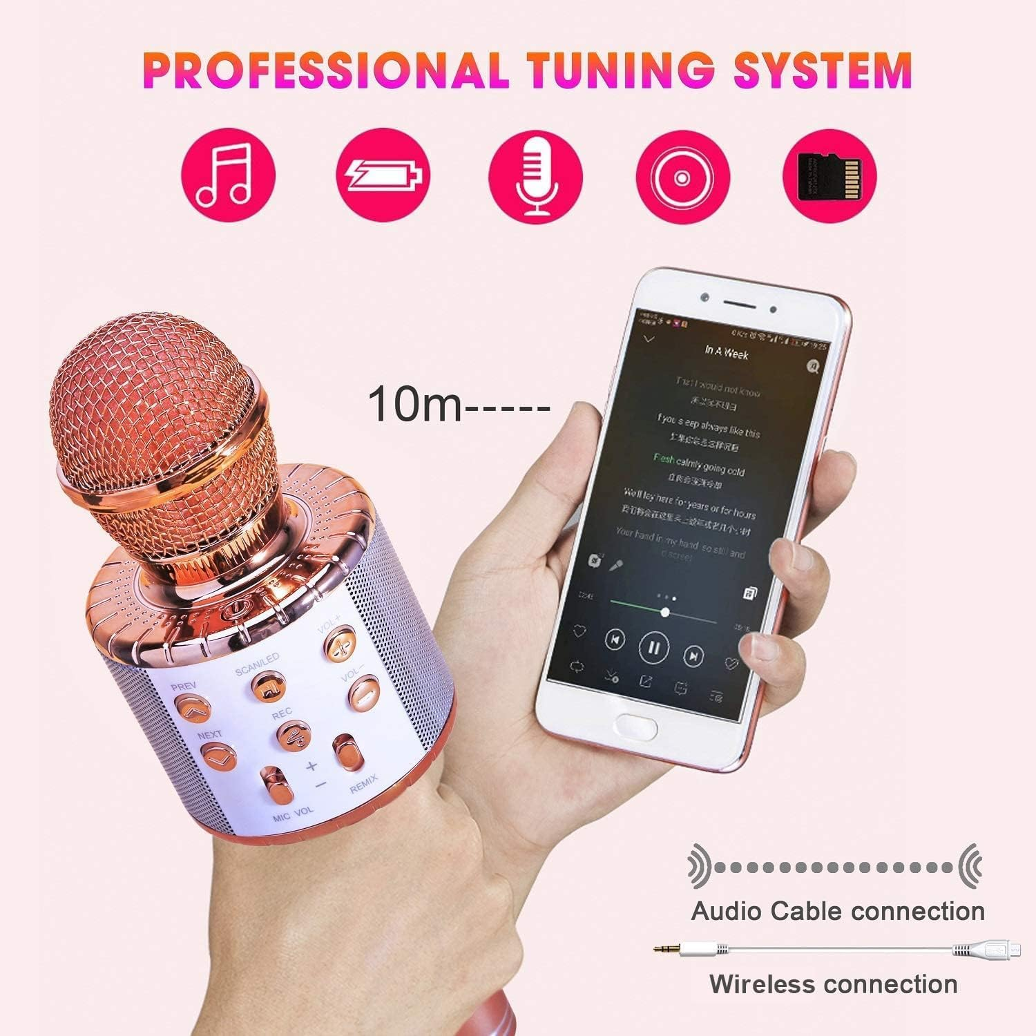 Wireless Karaoke Microphone, 5 in 1 Portable Handheld Bluetooth Microphone for Kids Adults with LED Lights, Professional Karaoke Mic Speaker Player Recorder for Phone/Android/Tv (Pink) image number 1