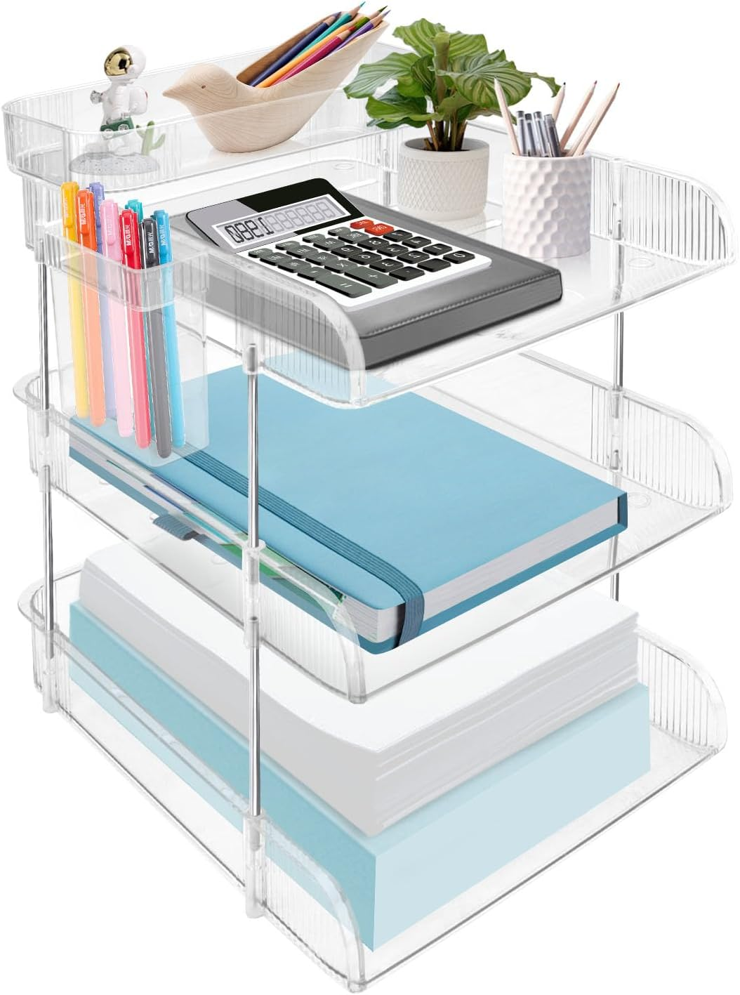 4 Tier Countertop Letter Tray, Clear Office Desk Letter Organisers, A4 File Tray, Stackable Paper Organiser, File Holder with Pen Holder and Extra Storage Box for Home Office School image number 3