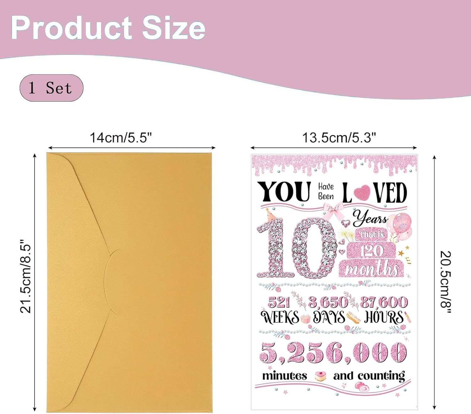 10Th Birthday Card for Boys Girls, Funny Greeting Card with Several Important Time (Years/Months/Weeks/Days/Hours/Minutes), Party Decor Supply Ideas Birthday Gifts for Him or Her, Pink