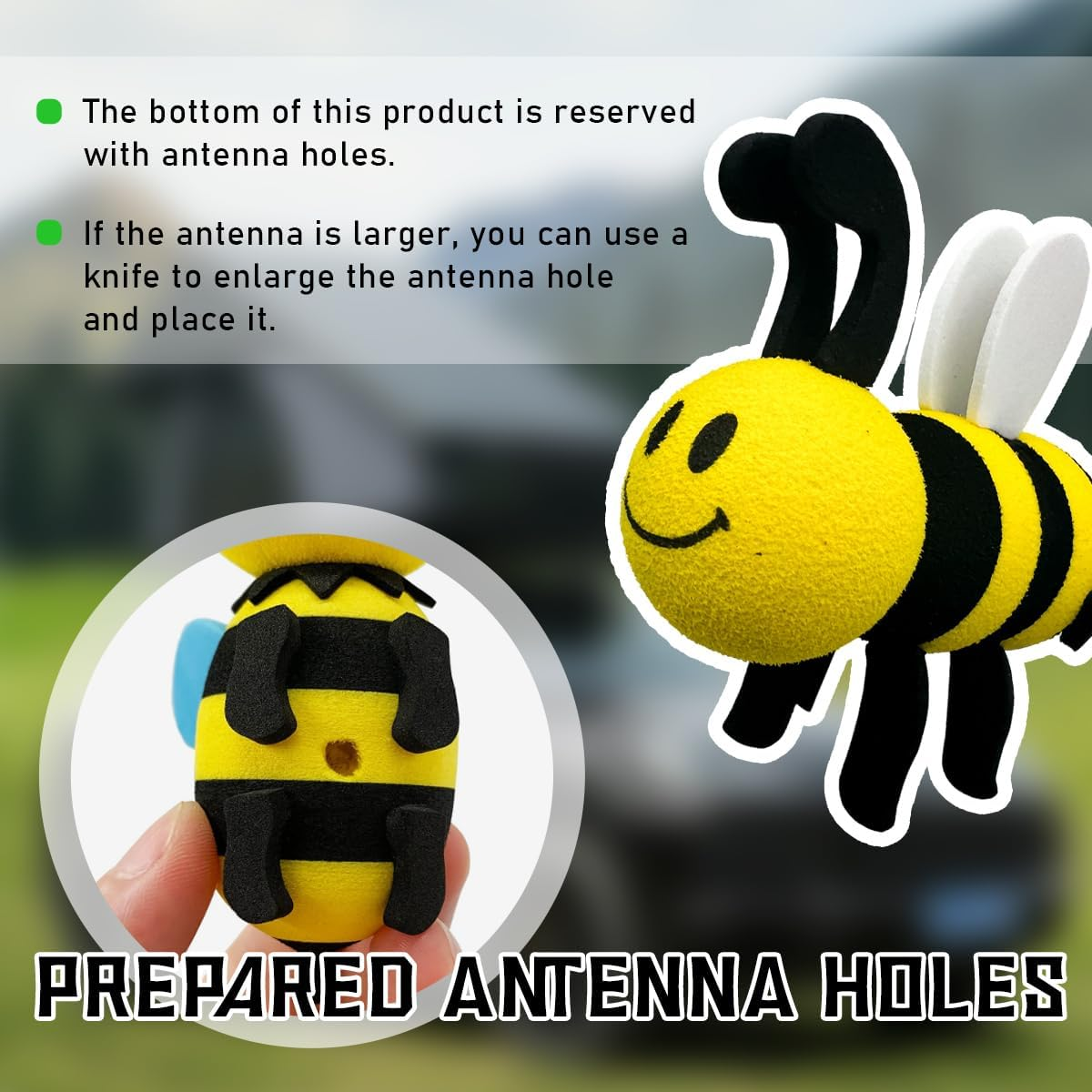 Bee Car Antenna Toppers, Automotive Roof Lovely Face Bumble Bee Antenna Balls Stickers Decor, EVA Funny Cute Honey Bee Antenna Hat for Vehicles, Universal Car Accessories (White) image number 2
