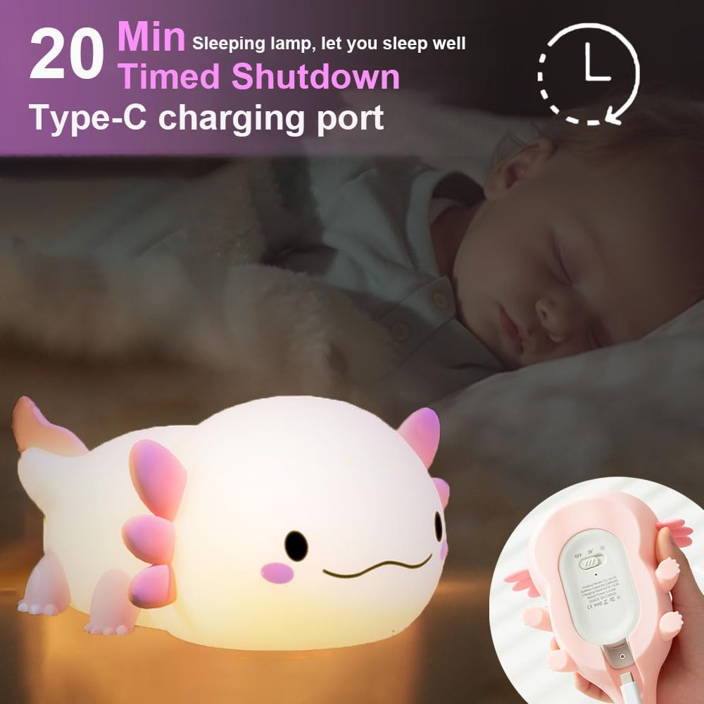 Magical JD Axolotl Night Light for Kids Bedroom, Animal Silicone Nursery Night Lamp Touch Dinosaurs Nightlights USB Rechargeable Bedside Lamp for Baby Children Toddlers Girls Gift (Pink Axolotl) - White Ghost image number 6
