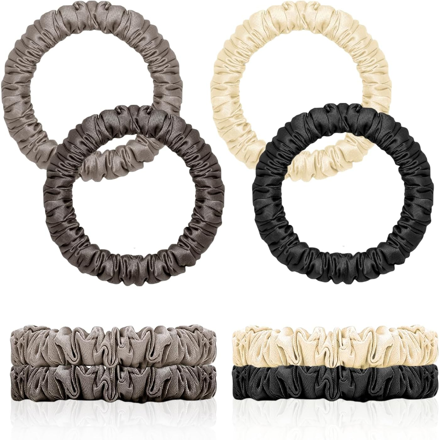 ARWIG 4 Pcs Silk Scrunchies | Silk Hair Ties | Satin Scrunchies | Elastic Hair Bands | Hair Bobbles | Hair Scrunchies for Women | Hair Ties No Damage (Black Khaki Coffee Beige image number 3