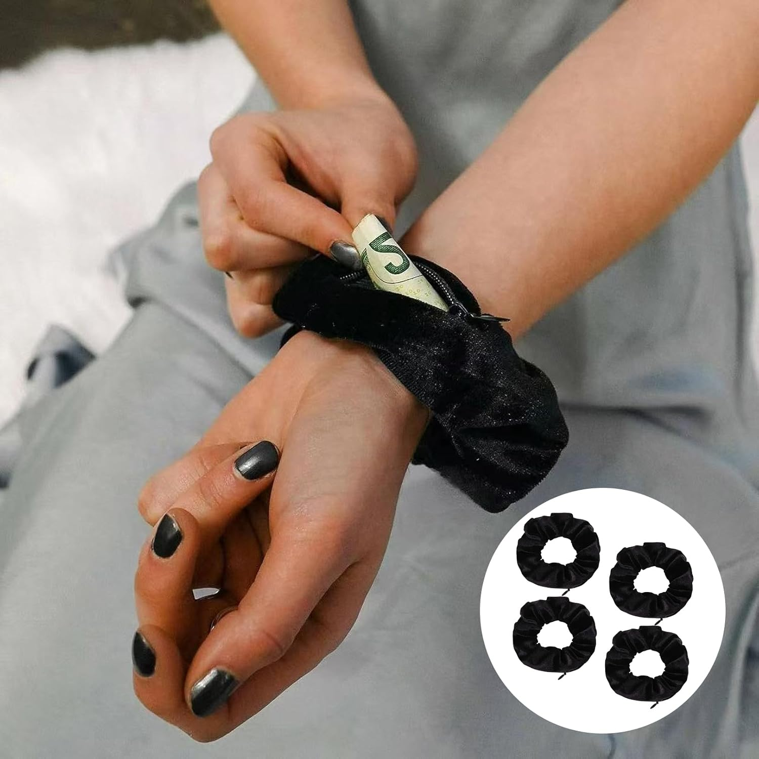 Pack of 4 Black Hair Scrunchies with Zip, Scrunchies Velvet Travel Gadgets for Women, Hair Bobbles with Money Hiding, Valuables Hiding Place, Beach, Hair Bobbles Women'S Velvet Fabric Large For image number 2