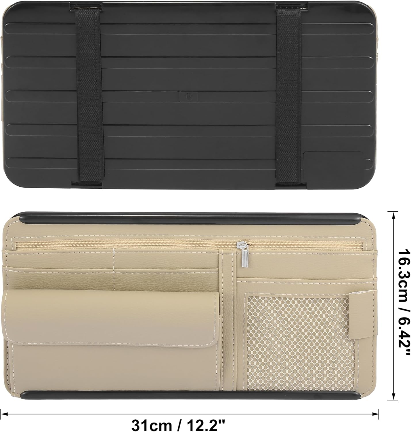 X AUTOHAUX Beige Universal Car Sun Visor Organizer Sunglasses Case Storage Pocket Hook and Loop Tape ABS PU Leather for SUV RV Truck - Beige image number 4