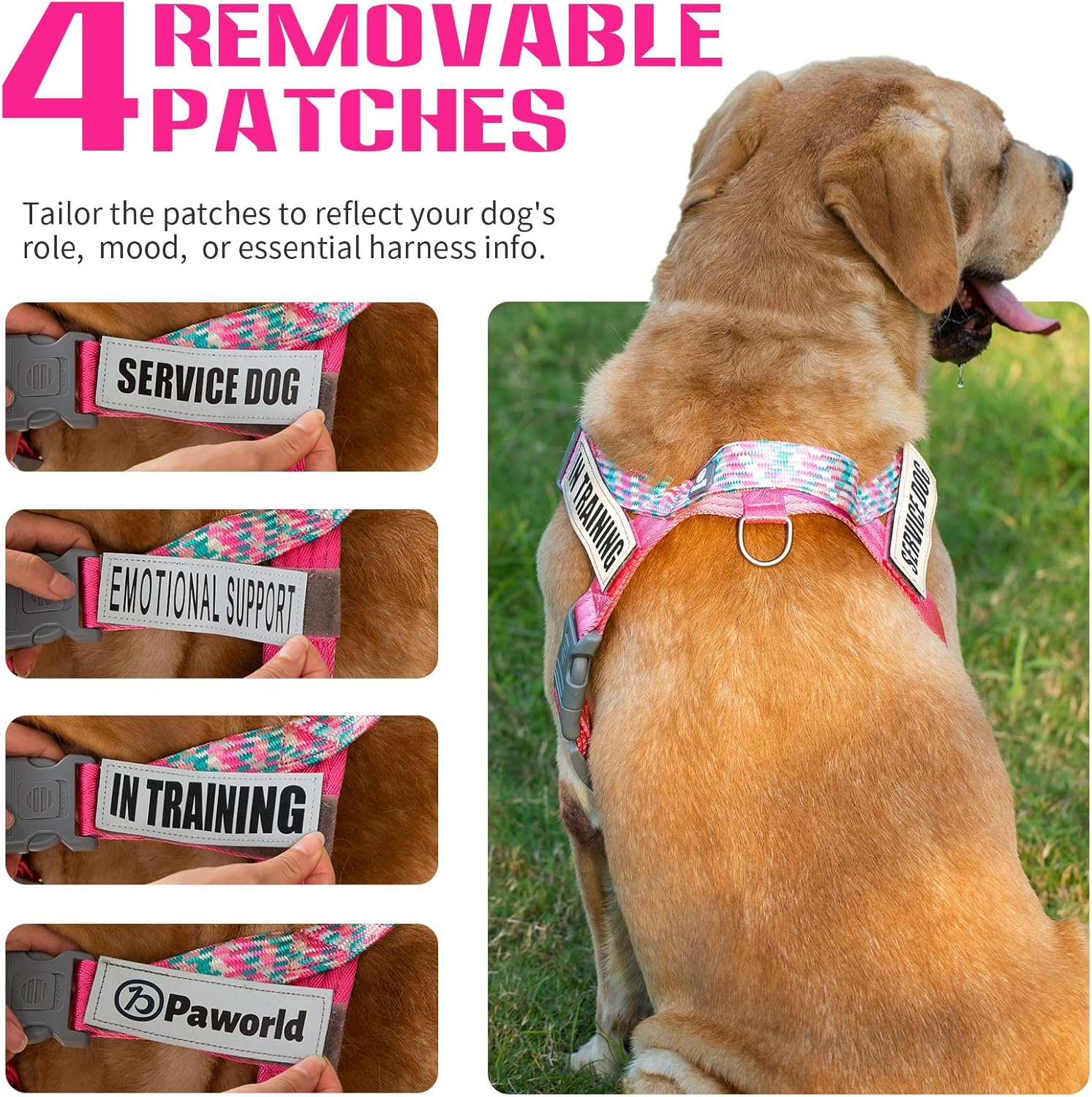 Paworld Service Dog Vest, No-Pull Service Dog Harness with 4 PCS Reflective Patches, Dog Vest Harness with Handle, Pet Harness for Small Medium Large Dogs in Training (Pink, M) image number 6
