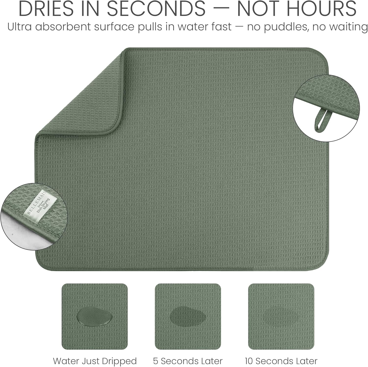 Bellemain XXL Dish Mat 24" X 17" ( LARGEST MAT ) Microfiber Dish Drying Mat , Super Absorbent ( Green ) image number 2