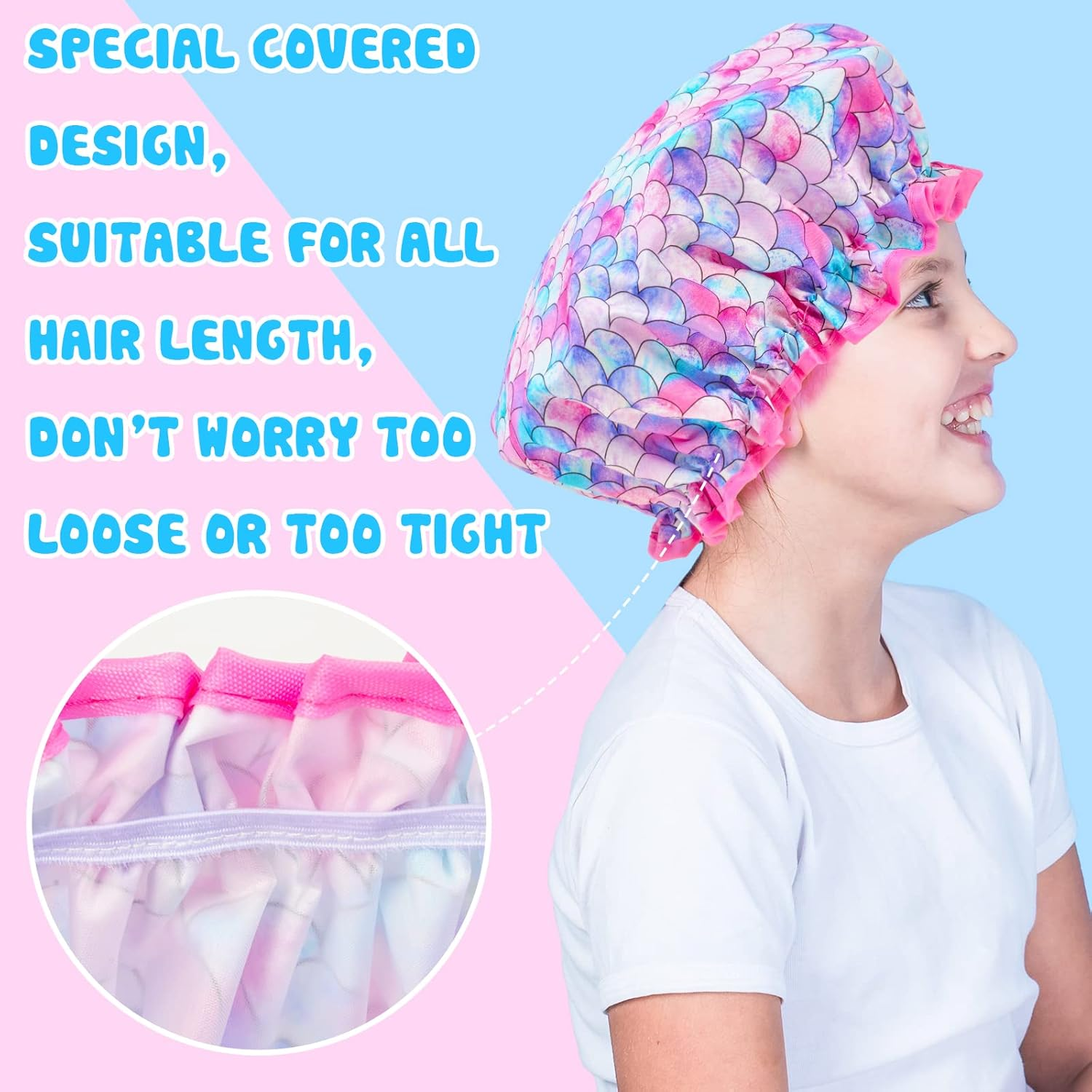 3 Pcs Kids Girls Toddler Shower Cap - Reusable Plastic Rainbow Unicorn Mermaid Hair Cap, Waterproof Adjustable Cute Head Cap for Children and Women image number 5
