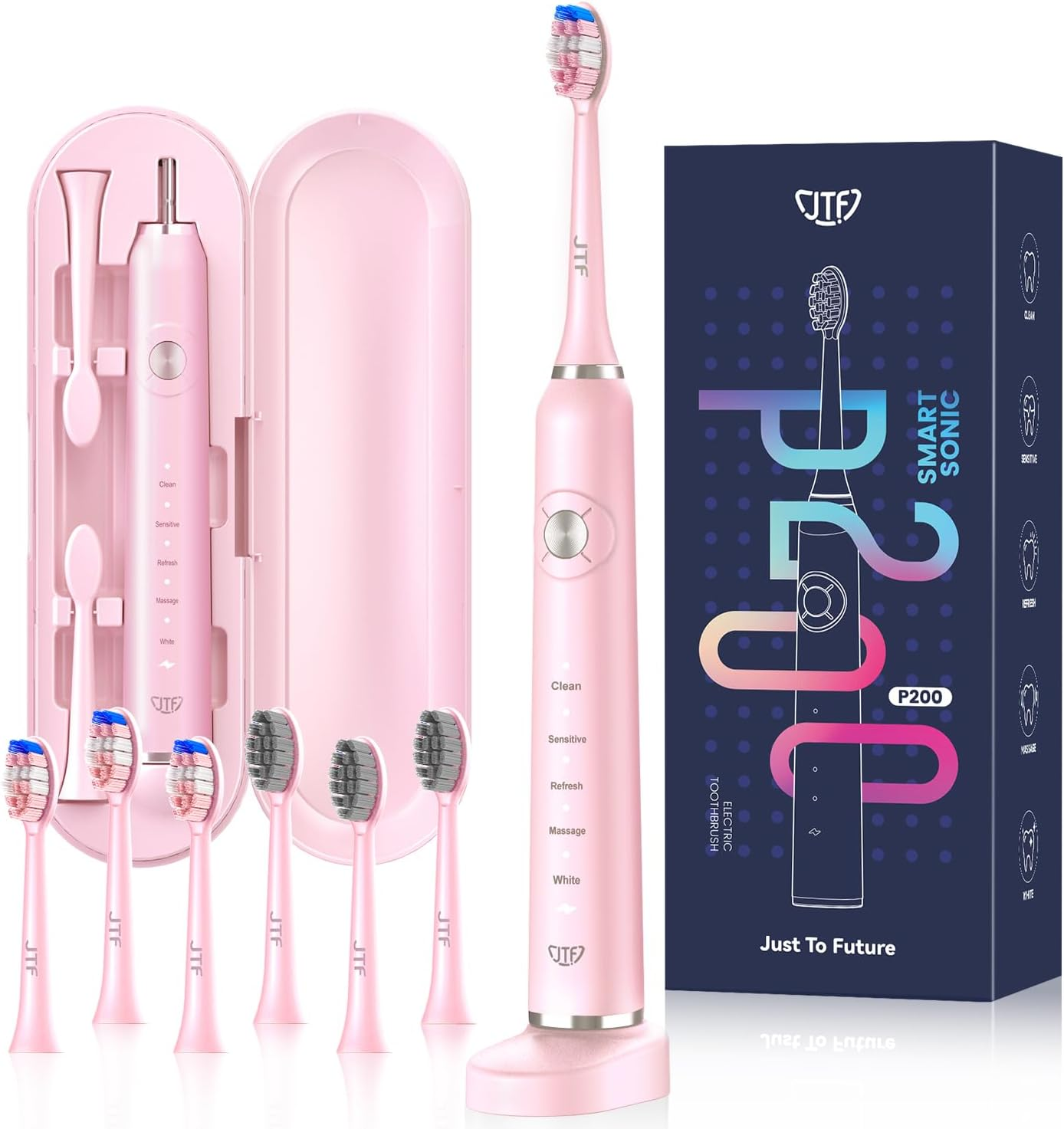 JTF Sonic Electric Toothbrushes for Adults，6 Brush Heads, 5 Modes, 60-Day Battery, Ipx7 Waterproof, 2 Mins Smart Timer, Toothbrush Holder, Travel Case, Portable Rechargeable Toothbrush，Pink image number 5