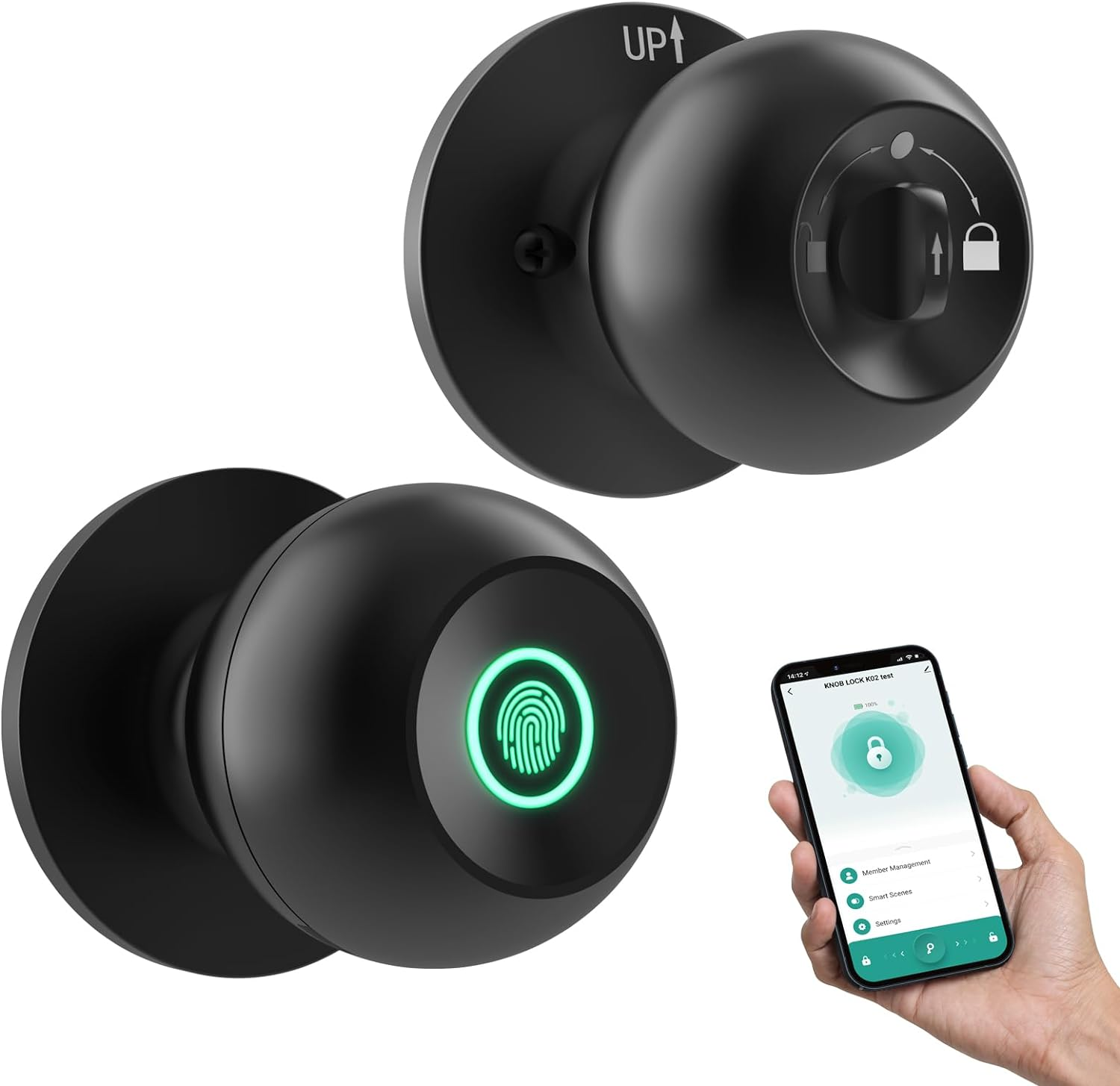 Ghome Smart Fingerprint Door Lock, Door Knob with App Smart Lock for Bedroom Door, Keyless Entry, Type-C Port Emergency Charging, Biometric Lock Great for Room, Garage, Office, Apartment (Matt Black) image number 1