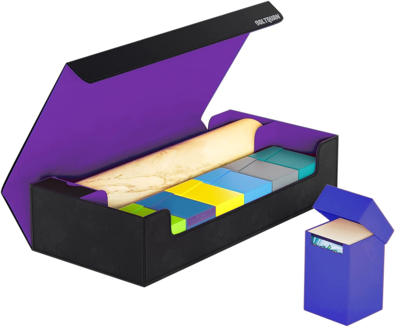 Premium Card Game Deck Storage Box & Playmat Case - Holds 550+ Double Sleeved Cards - Yugioh/Mtg Card Holder Storage Case - Game Card Box with Mat Case & Removable Compartment (Black-Purple) image number 3