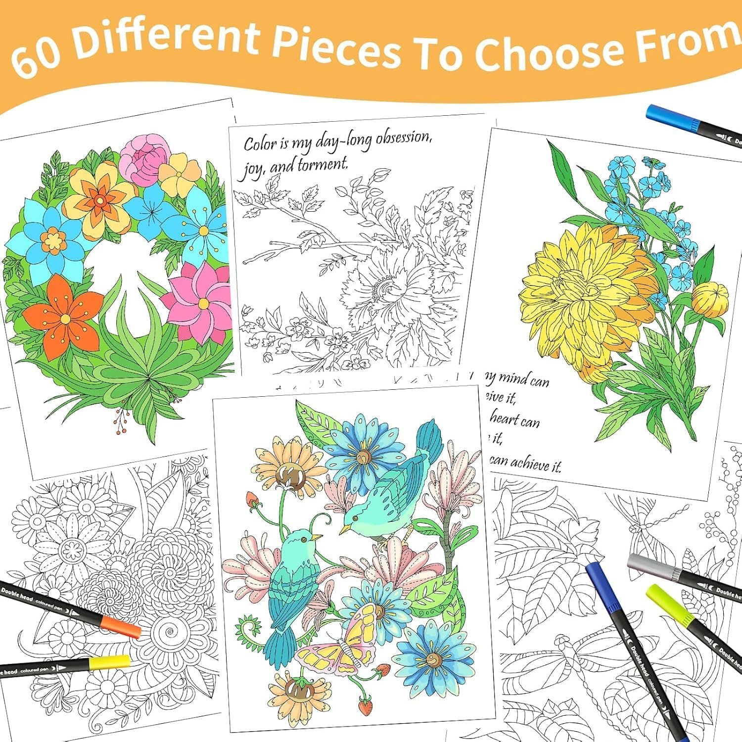 OSIMIG Easy and Cozy Adult Colouring Books Set, 3 Themes for Flower Inspirational Quotes, Colouring Books for Adults to Relax and Relieve Anxiety, 60 Patterns Top Spiral Bound image number 5