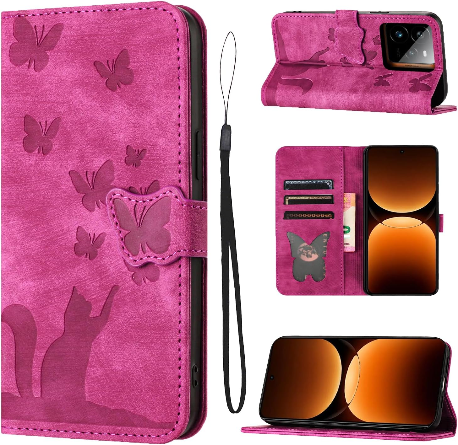 LSPCASA Mobile Phone Case for Iphone 17 Pro Max 6.9 Inch Premium PU Leather for Iphone 17 Pro Max Case with Card Slots Stand Function Protective Case Foldable Flip Wallet Phone Case Butterfly Cat