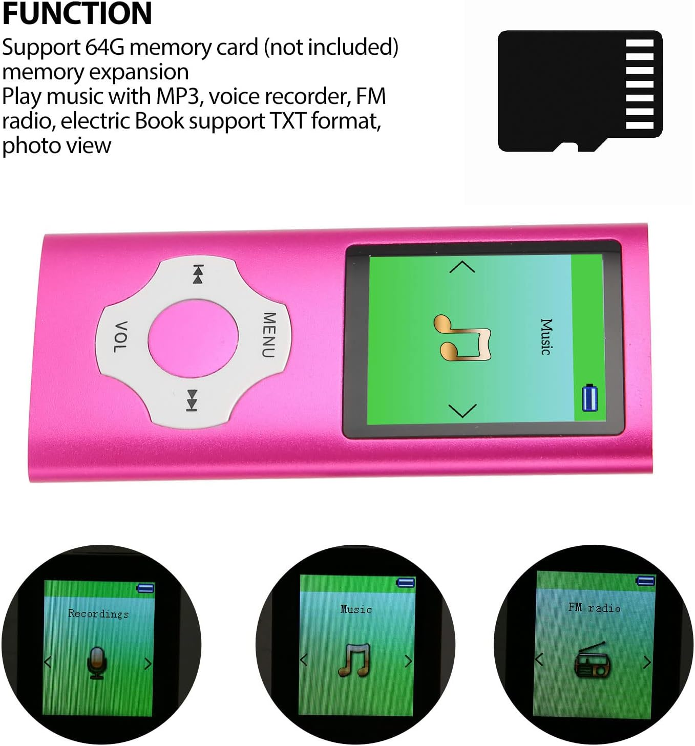 64G MP3 Player, 1.8 Inch Music Player, LCD Screen, Recording FM Radio, Portable MP3 Player for Kids Students - Pink image number 2
