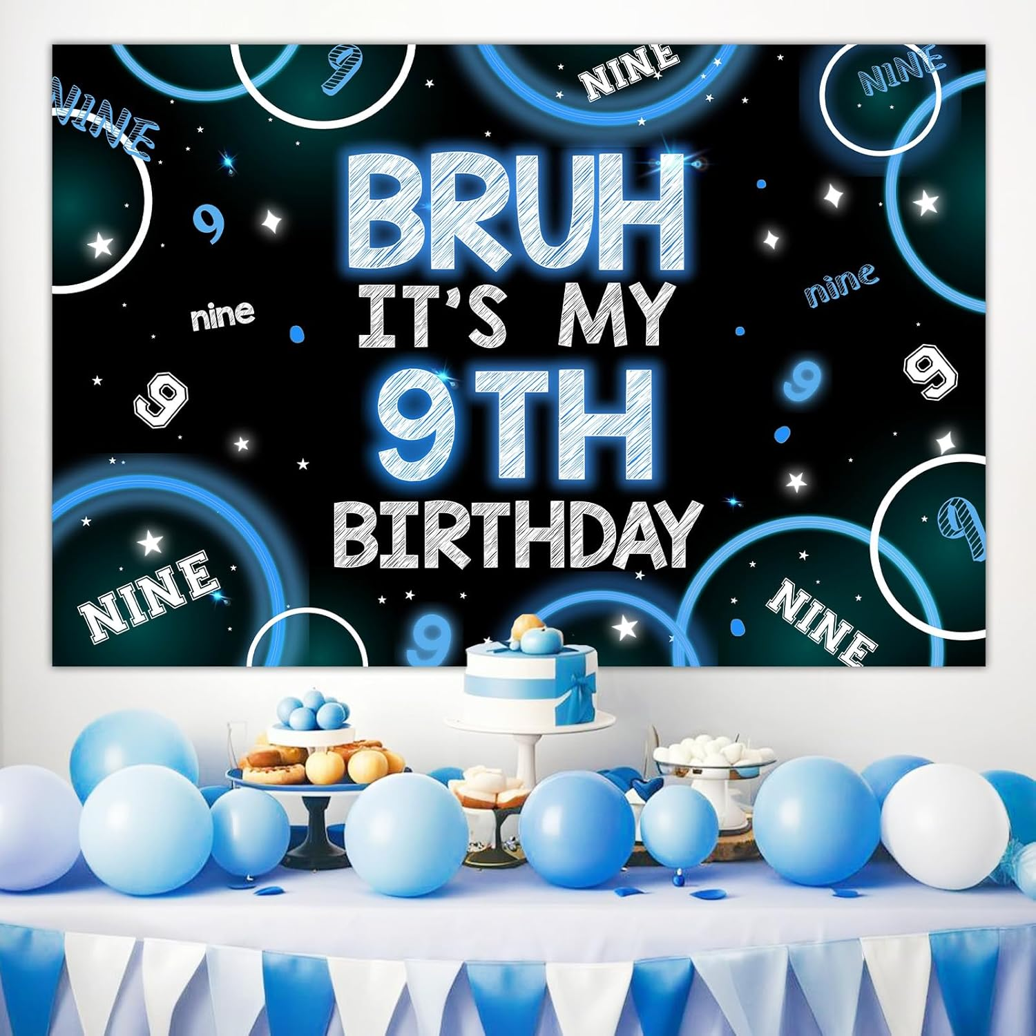 Wonmelody Bruh It&rsquo;S My 9Th Birthday Decor 4.92*3.28Ft Bruh It&rsquo;S My 9Th Birthday Backdrop Banner Blue Black 9Th Birthday Decor for Boy Happy 9Th Birthday Party Supplies Cheers to Nine Years Old Decor image number 4