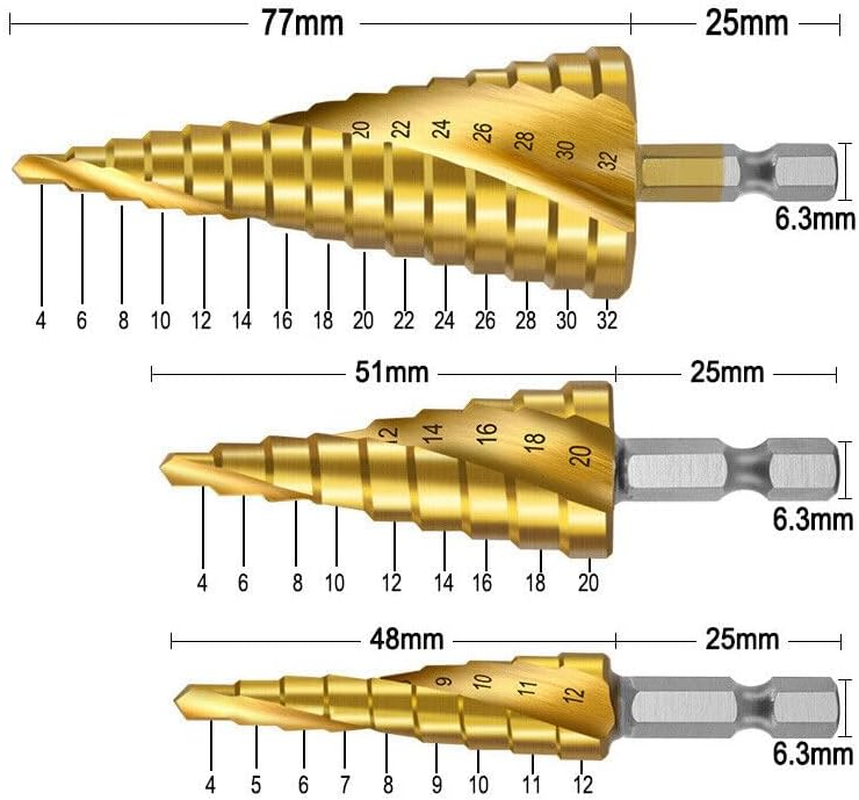 LEDON 3 Pcs HSS Steel Step Cone Drill Titanium Metal Hole Cutter Bit Set 4-12/20/32Mm image number 1