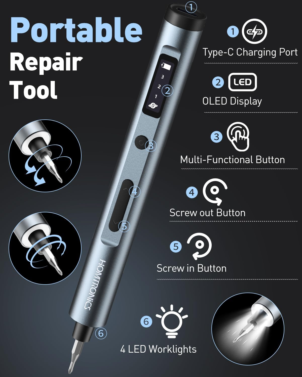 68 in 1 Mini Electric Screwdriver Set, [0.1-0.35N&middot;M] Small Precision Screwdriver, 3 Torque Settings, Rechargeable Electric Repair Tool Kit with 60 S2 Bits for Laptop Phone Watch (Grey) image number 1