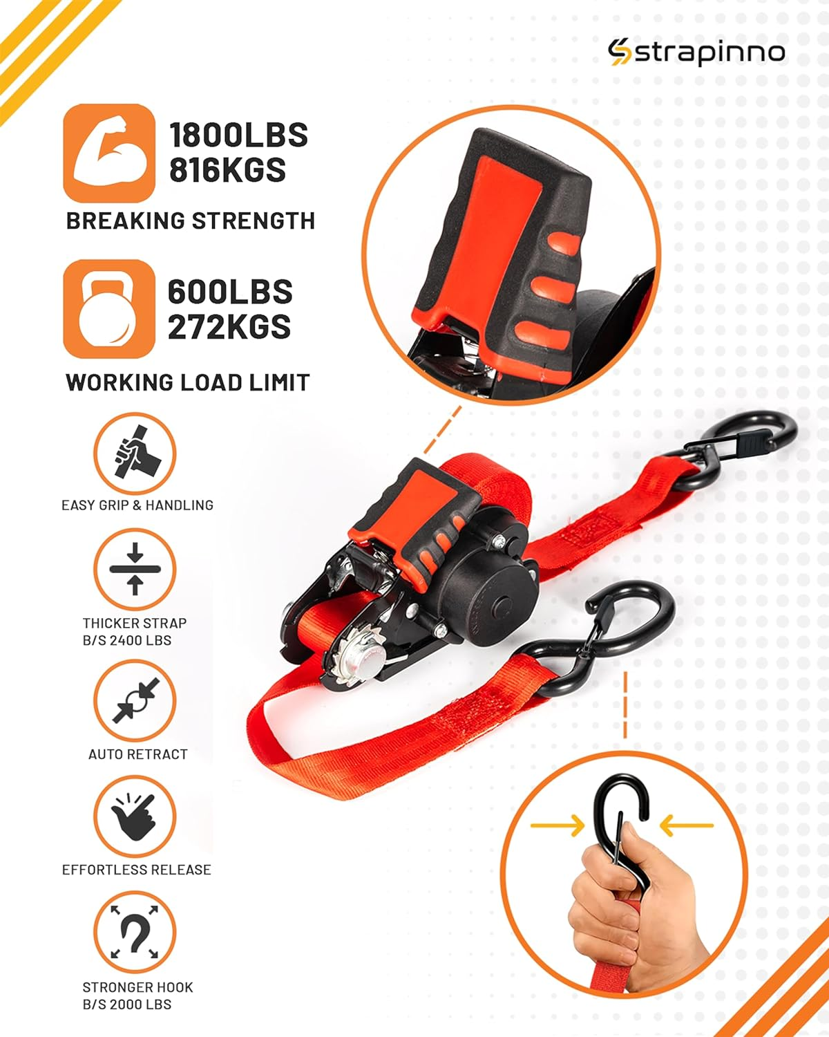 Strapinno Retractable Ratchet Straps - 1 in X 12 Ft Heavy Duty Tie Downs, 1800Lbs Breaking Strength Each, S Hooks with Safety Clip, Autoretract, for Moving, Motorcycle, Boat, Kayak, and Cargo (2) Red image number 2