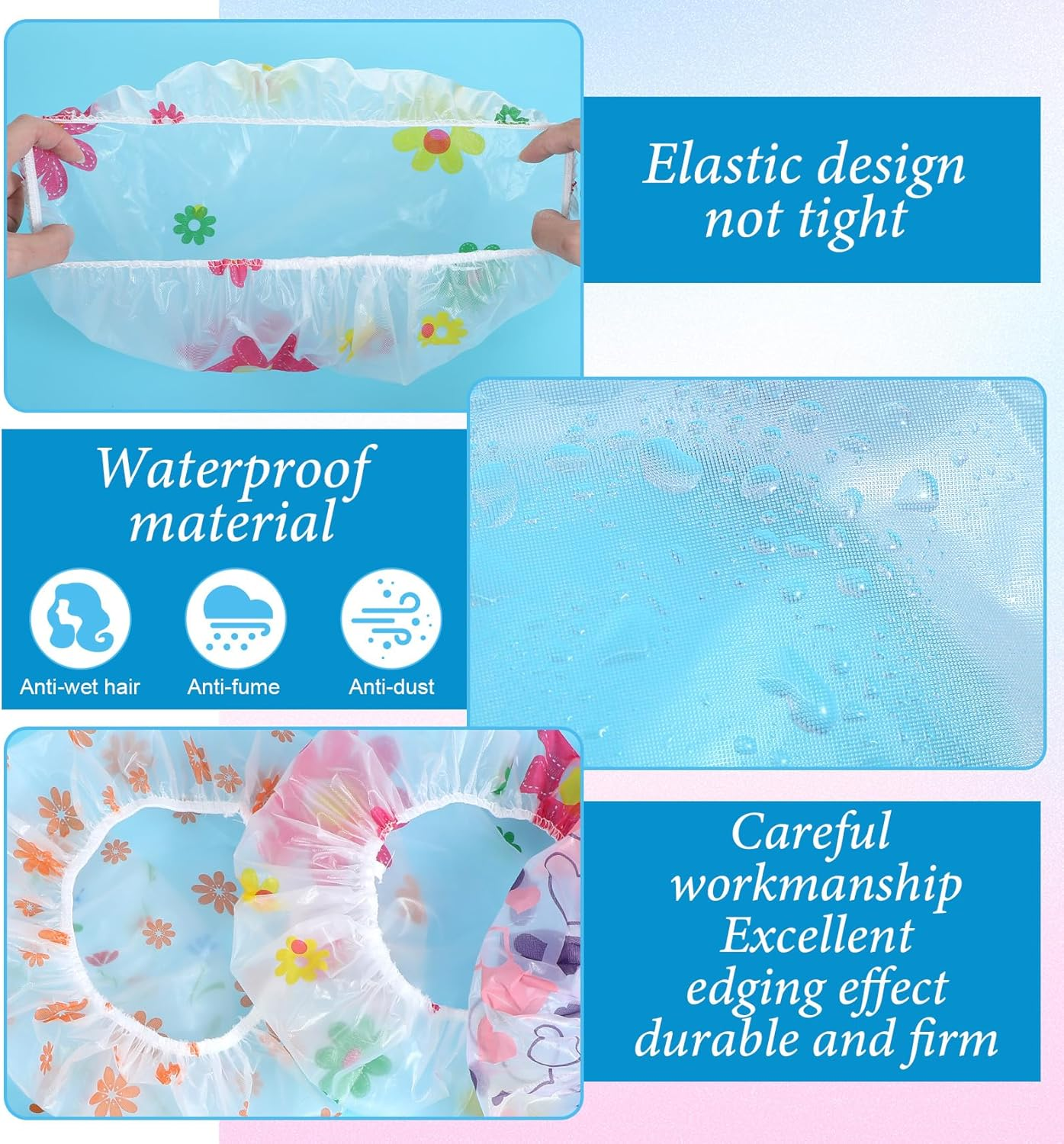 4 Pack Kids Shower Caps for Girls, 11" Reusable Elastic Shower Caps for Kids, Girls, Baby, Women, Bathroom, Makeup, Travel (Random Colors) image number 1