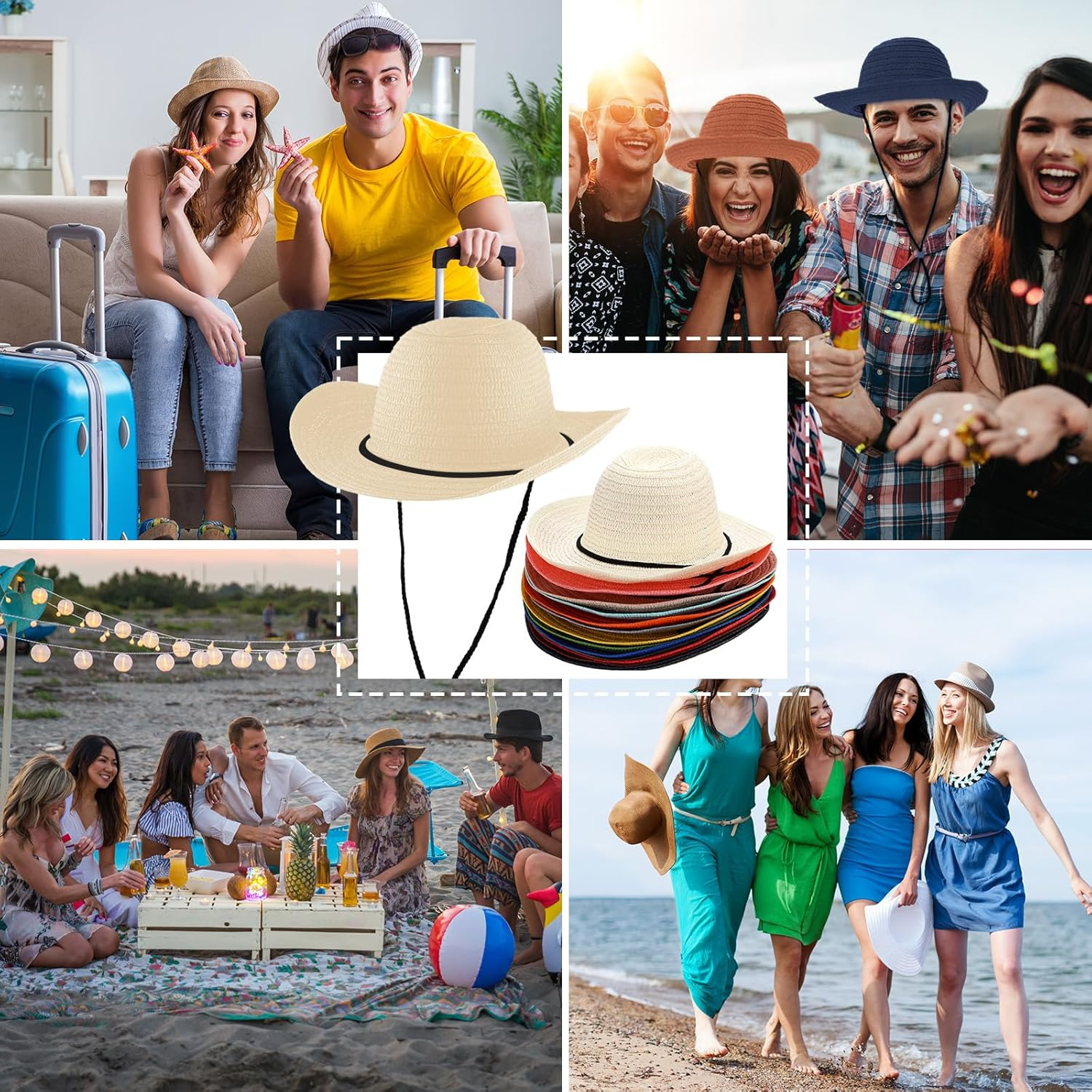 Bonuci 15 Pcs Straw Cowboy Hat Party Hat Colorful Sun Hat Bulks Beach Hat Sun Protection Hat for Women Men Wide Brim Hat Cowgirl Costume Accessories for Travel Outdoor Western Themed Party, 15 Colors image number 1