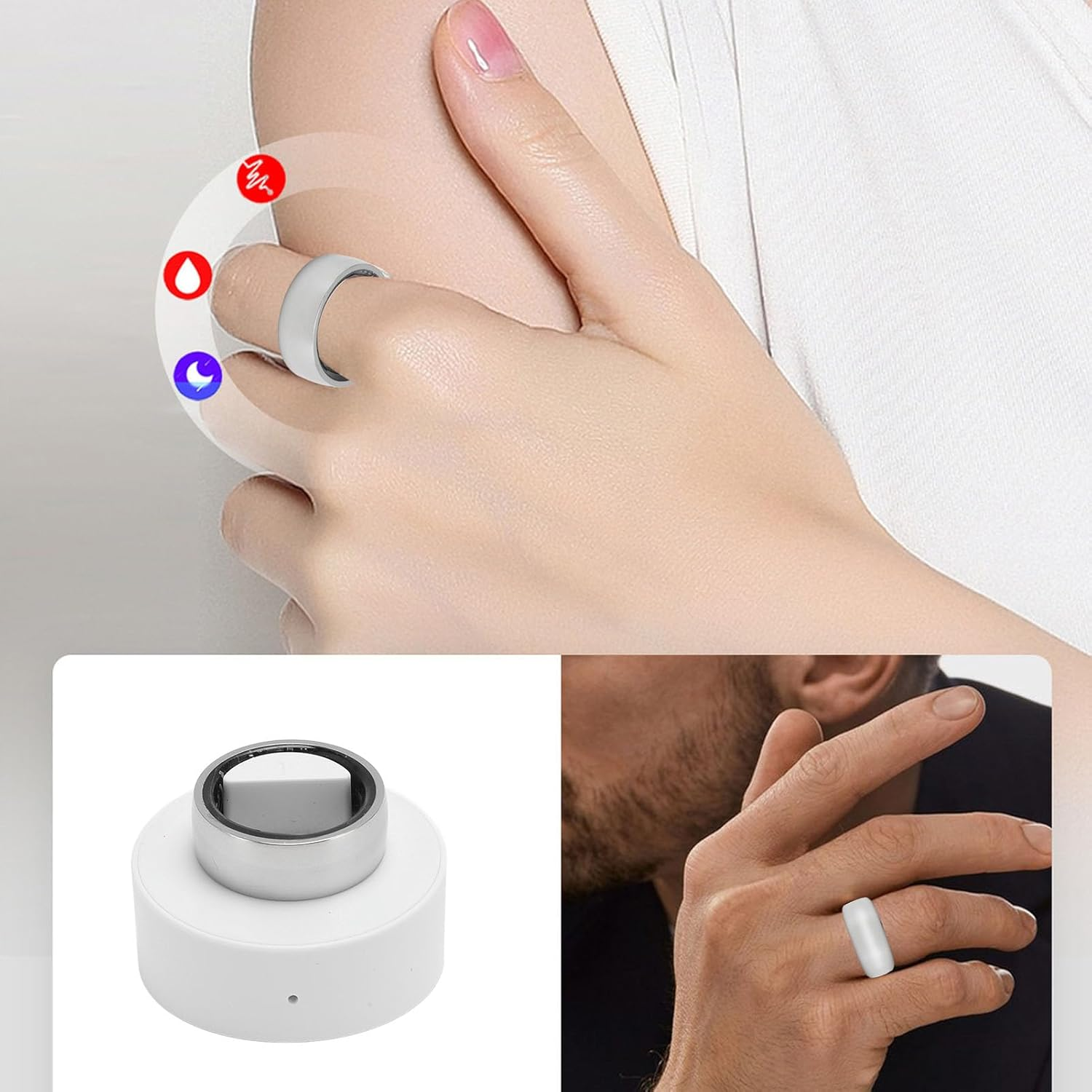Smart Fitness Tracker Ring with Charger, IP68 Waterproof Heart Monitoring Fitness Ring Pedometer for Sleep Body Temp Heart and Various Health Data, APP for Android Ios (10 Size) image number 1