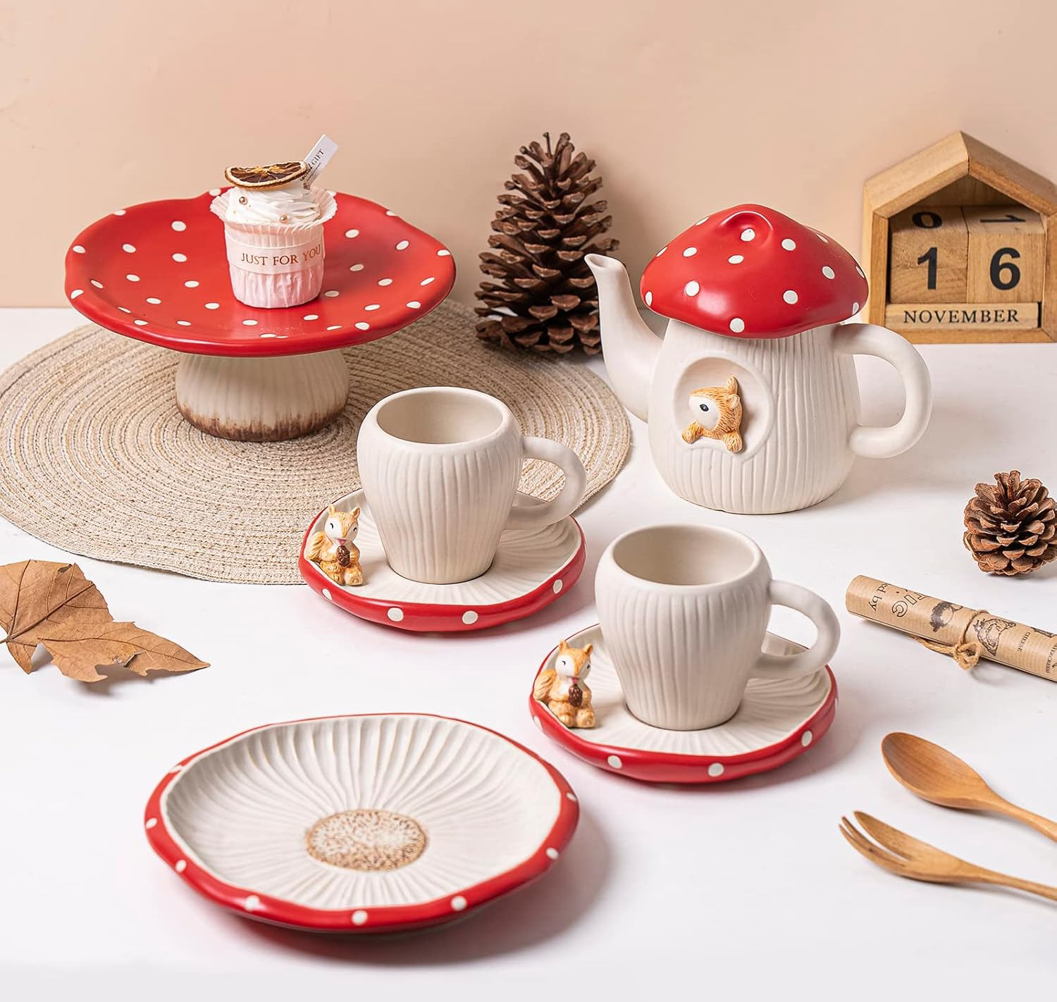 RESVUGA Cute Mushroom Mug with Saucer, Handmade Glaze Polka Dot, with Squirrel Decoration on the Plate. Safety Matt Ceramic Coffee Cups, 11 Oz Cartoon Tea Cup. Best Gifts for Women & Girls. image number 2