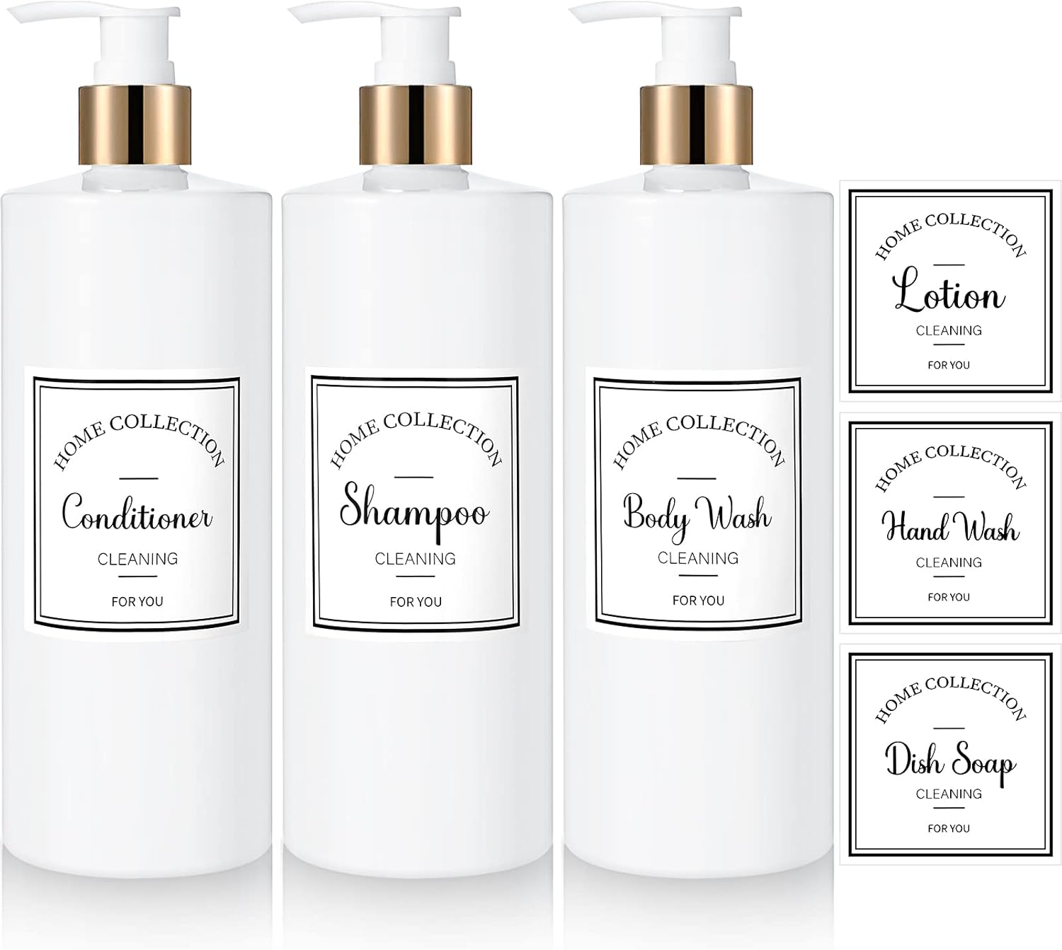 3 Pieces 16Oz Pump Bottle Set Shampoo and Conditioner Bottle Plastic Refillable Soap Dispenser Shower Dispenser with 6 Label Sticker for Lotion Body Massage (Gold and White)