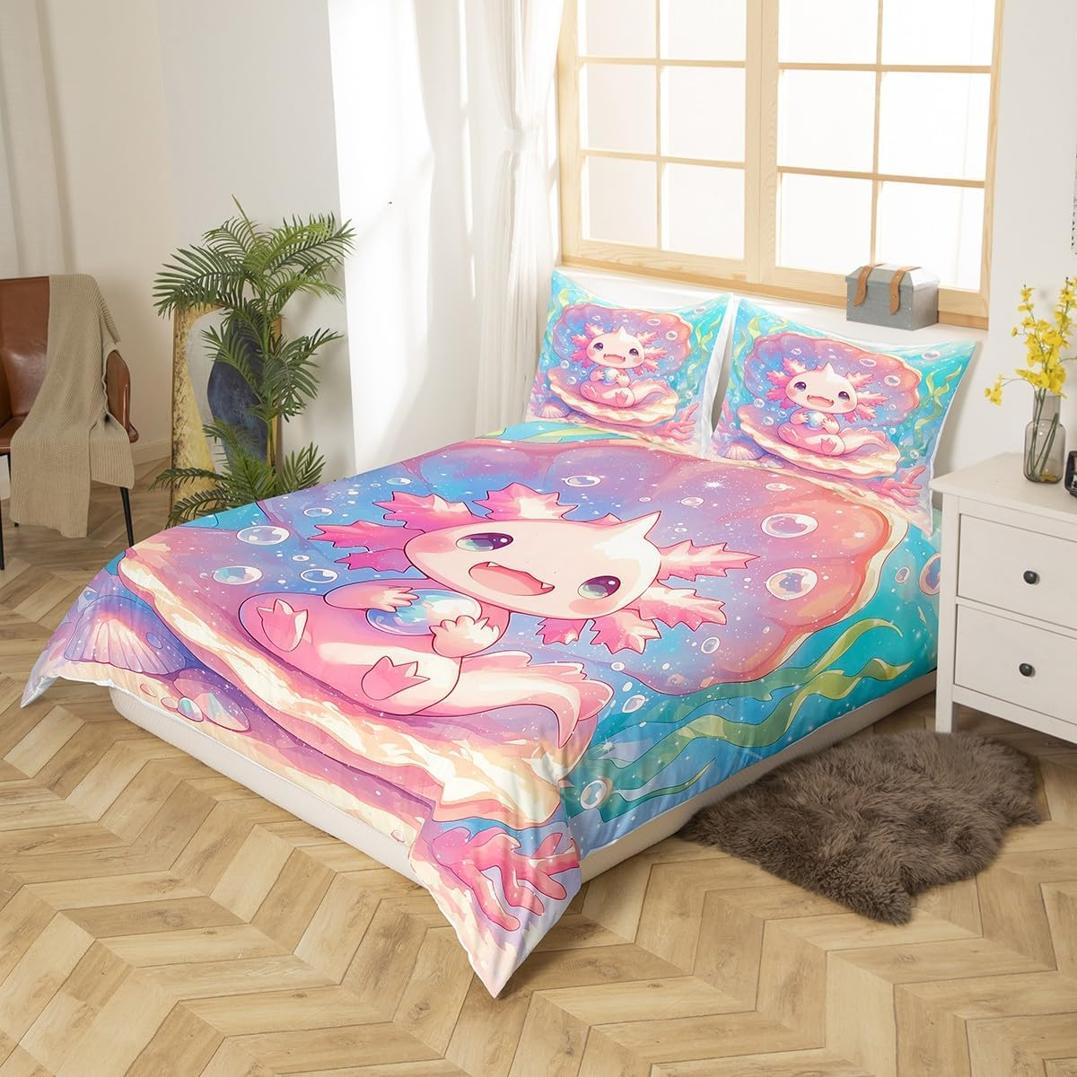 Loussiesd Cute Axolotl Bedding Set for Girls Boys Kids Single Size Cartoon Salamander Comforter Cover Set Kawaii Ocean Sealife Duvet Cover Ocean Bedspread Cover 2Pcs Pink Quilt Cover image number 4