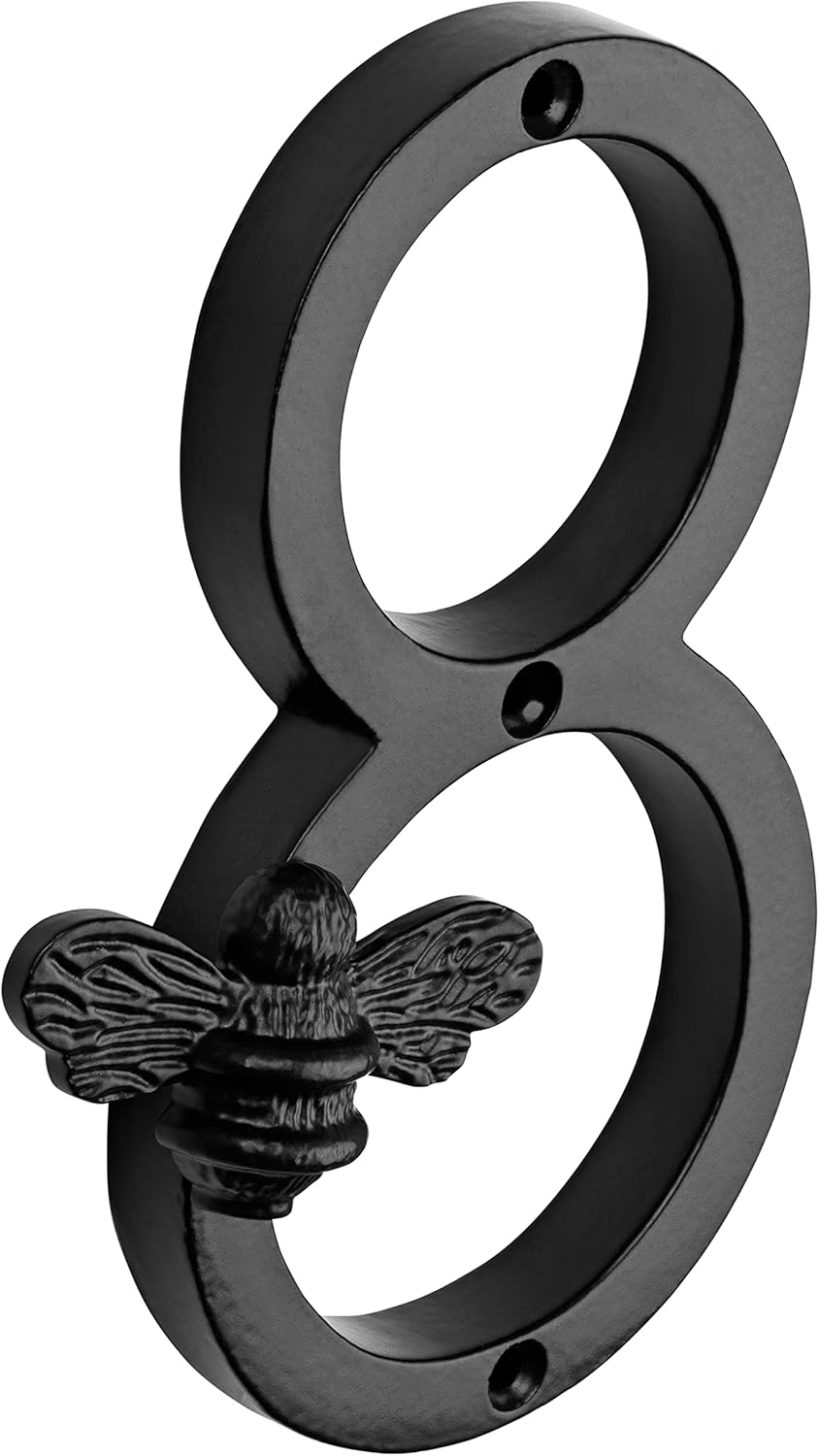 Brass Bee House Number with Bee Design | 5 Inch Modern Door Sign Numbers Signs Plaques | Street Home Address Numerals, Black Iron Metal 0-9 (3) image number 3