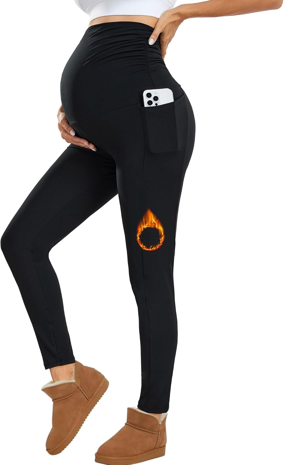 Women'S Maternity Leggings with Pockets High Waistband Pregnancy Leggings Opaque Elastic Maternity Leggings for Pregnant Women, Thermal Black, XL image number 4