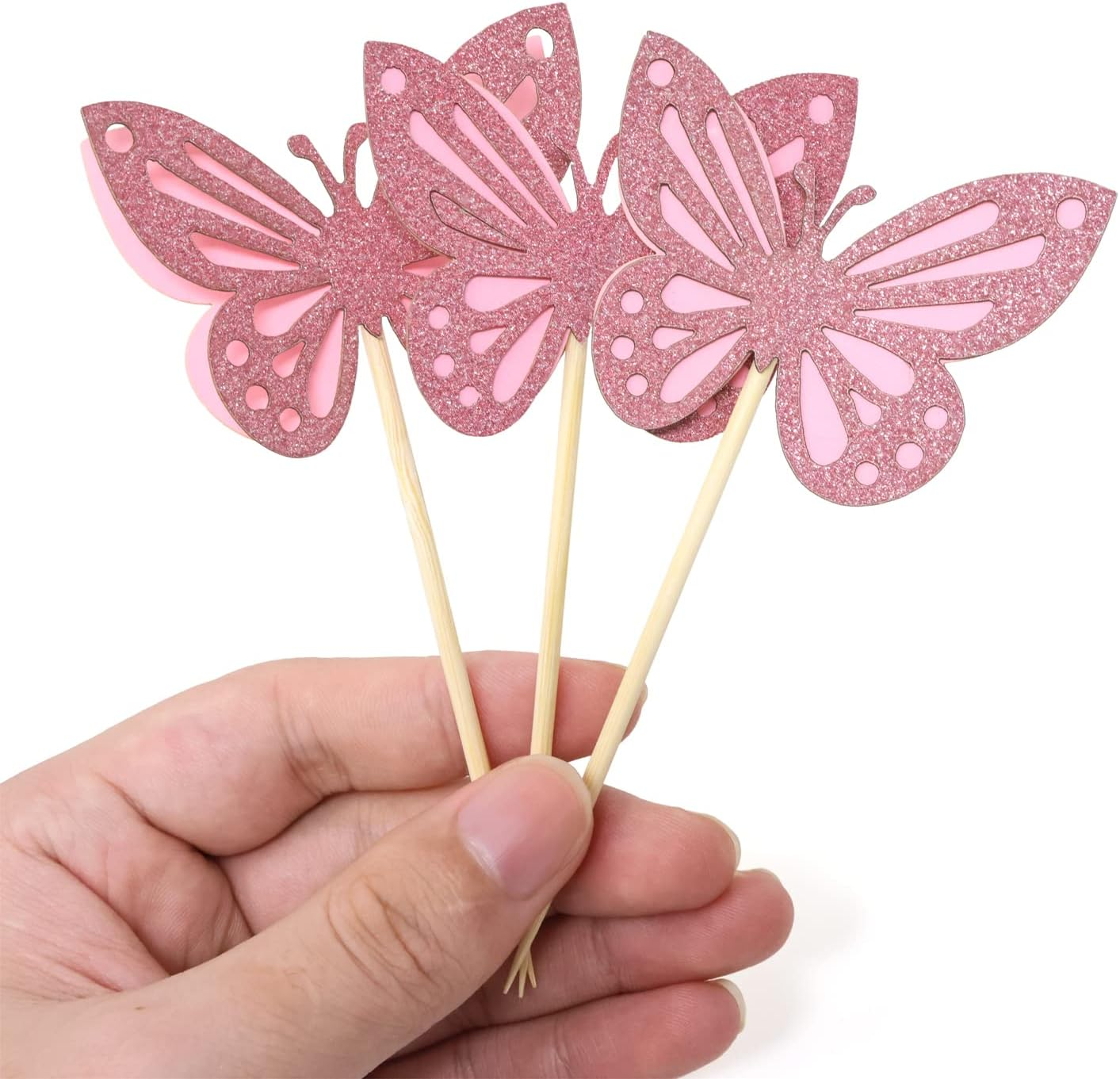 Yueton 24PCS 3D Butterfly Cupcake Toppers Double Layers Glitter Butterfly Cake Toppers Cake Decorations Butterfly Cupcake Picks Cocktail Picks for Theme Party Birthday Wedding Baby Shower Supplies image number 2