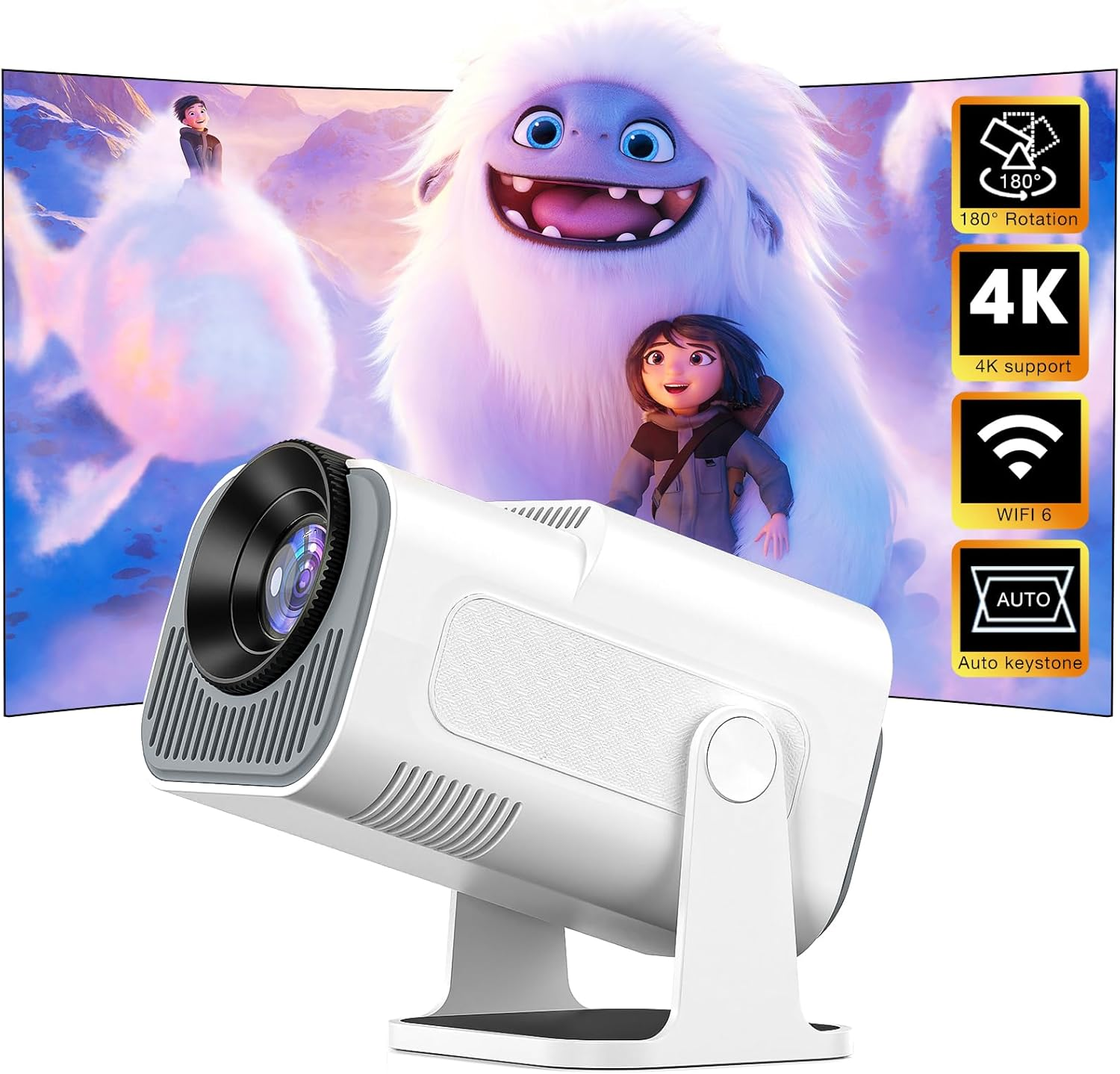 Mini Projector, Portable Projector Auto Keystone, Native 4K 1080P Smart Projector with Wifi 6, Bluetooth 5.0, Built-In Android 11.0, 10000 Lumens, Screen Adjustment, 180 Degree Rotation, White image number 1