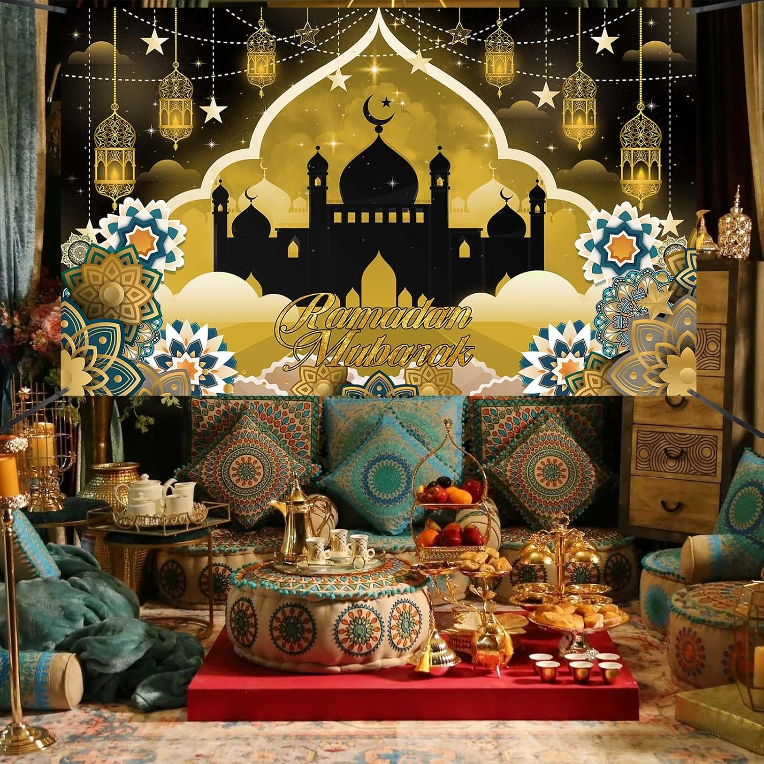 Ramadan Mubarak Banner, Extra Large Fabric Eid Kareem Background for Decorations, 72 X 44 Inch Star Moon Lanterns Castles Photo Booth Background for Islamic Muslim Al-Fitr Party Supplies image number 4