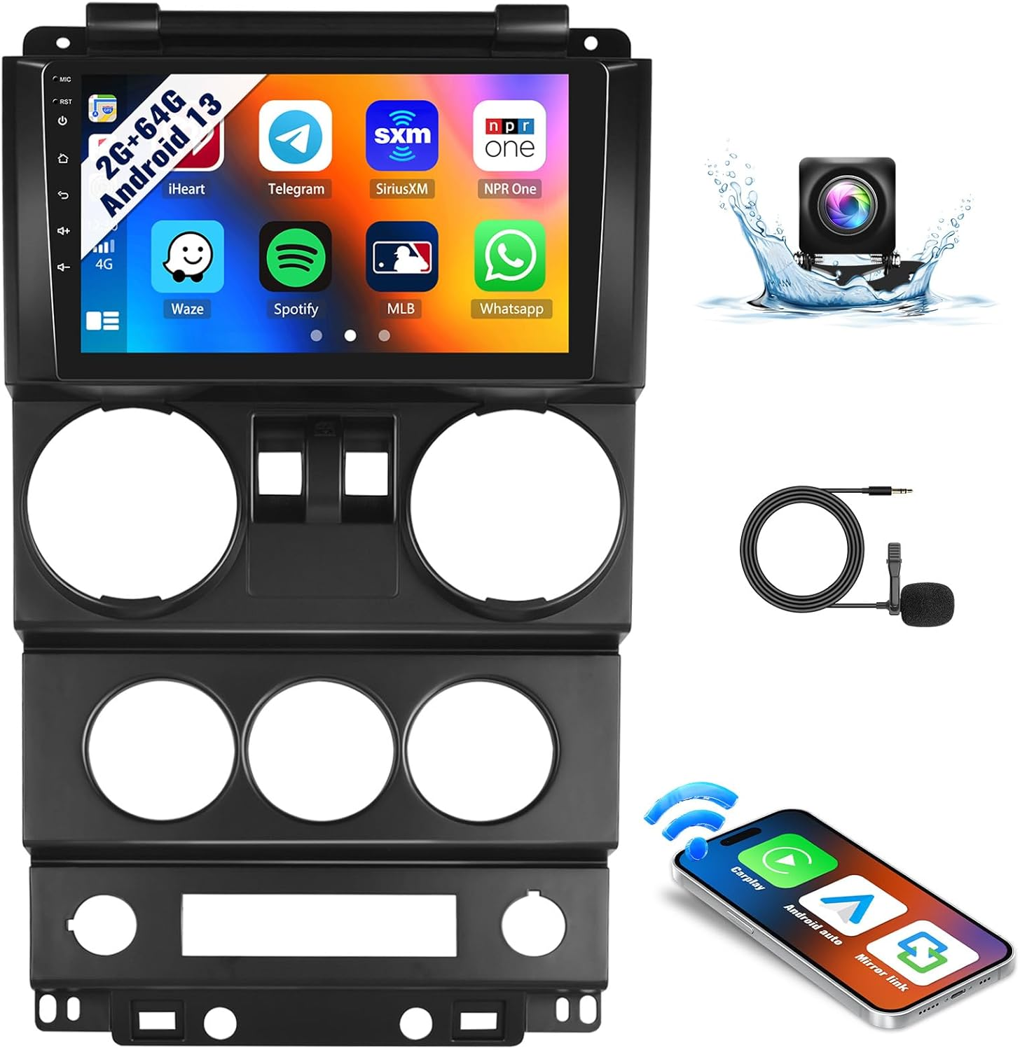 UNITOPSCI 2G+64G Android 13 Car Stereo for Jeep Wrangler 2007-2010 (2 Doors) Radio Wireless Apple Carplay Android Auto Mirror Link 9&rdquo; Bluetooth HD Touchscreen GPS FM Wifi USB SWC + Backup Camera Mic image number 5