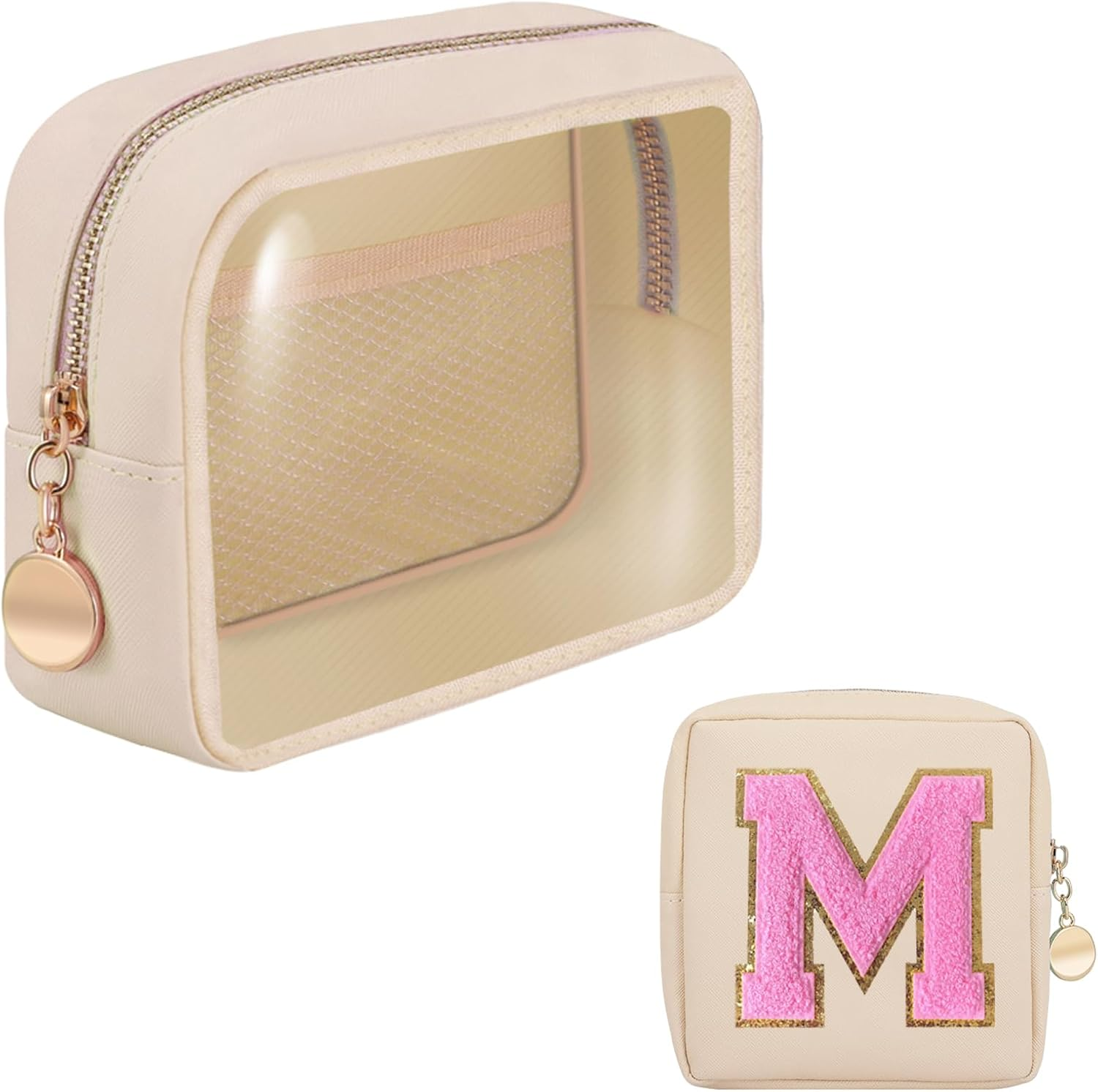 CHICREEN Clear Makeup Bags Set,Clear Toiletry Bags,Initial Clear Purse,Personalized Clear Gift Bags,Make up Pouches,Tsa Approved Clear Organizer,Gifts for Teen Girls&Women, Pearl White (1 Mini), M image number 7