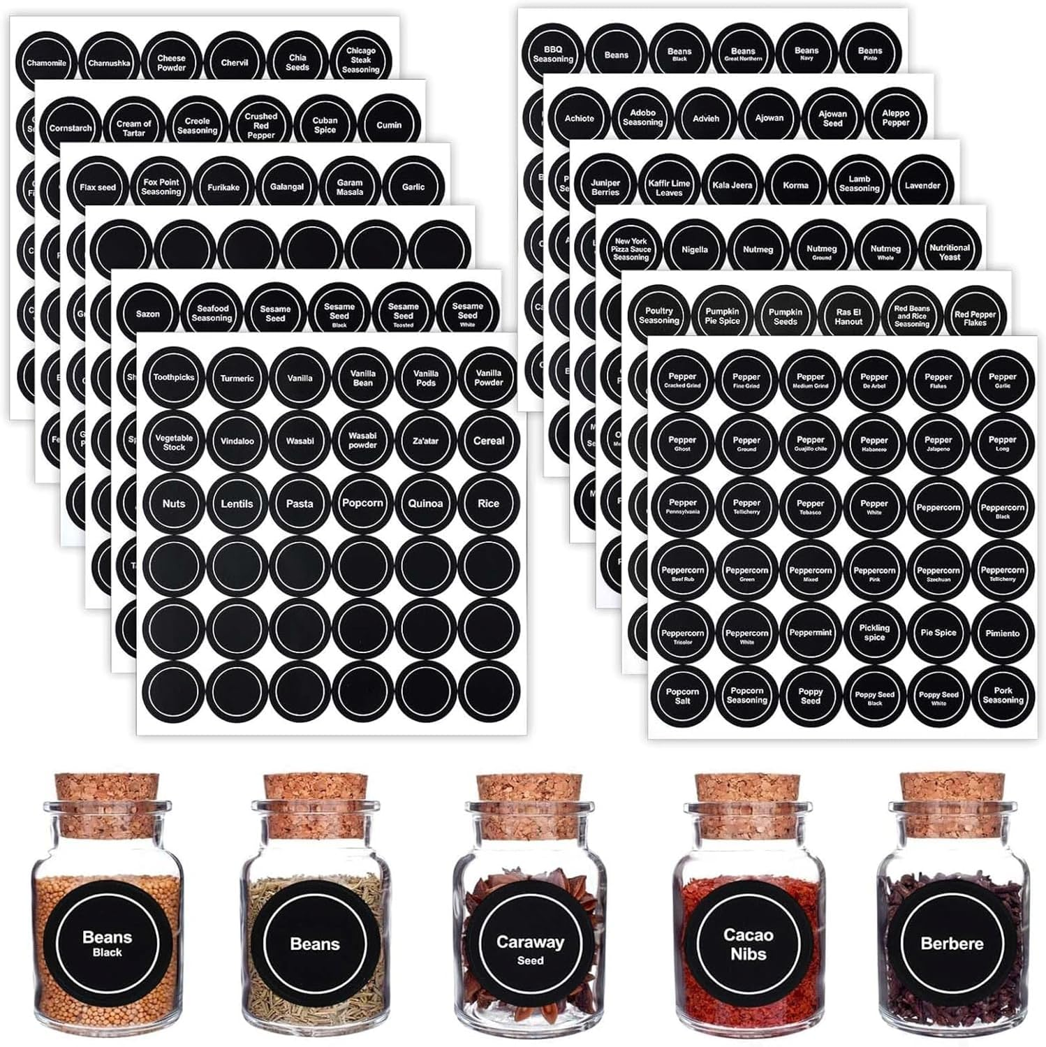 JCZD 432 PCS Spice Labels Stickers, 3.5Cm Spice Labels for Kitchen, Waterproof Adhesive round Preprinted Spice and Blank Labels for Jars, Caps, Food Containers, Spice Organizers (Black) image number 5