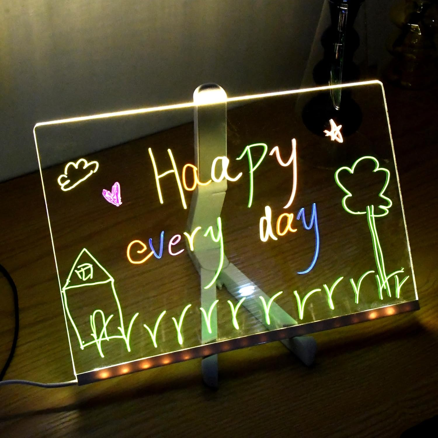 Acrylic Dry Erase Board with Light, Acrylic LED Writing Message Board with 7 Colors Pen/Stand, Desktop Note Memo Illuminated Wordpad for Office School Home Bar Cafe Arts Doodle, 30X20Cm