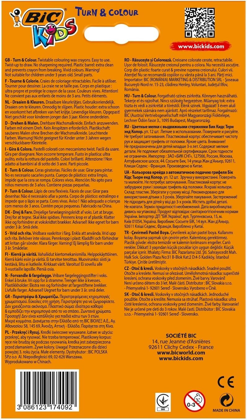 BIC 8805082 Kids Turn and Colour Crayons - Assorted Colours, Pack of 12