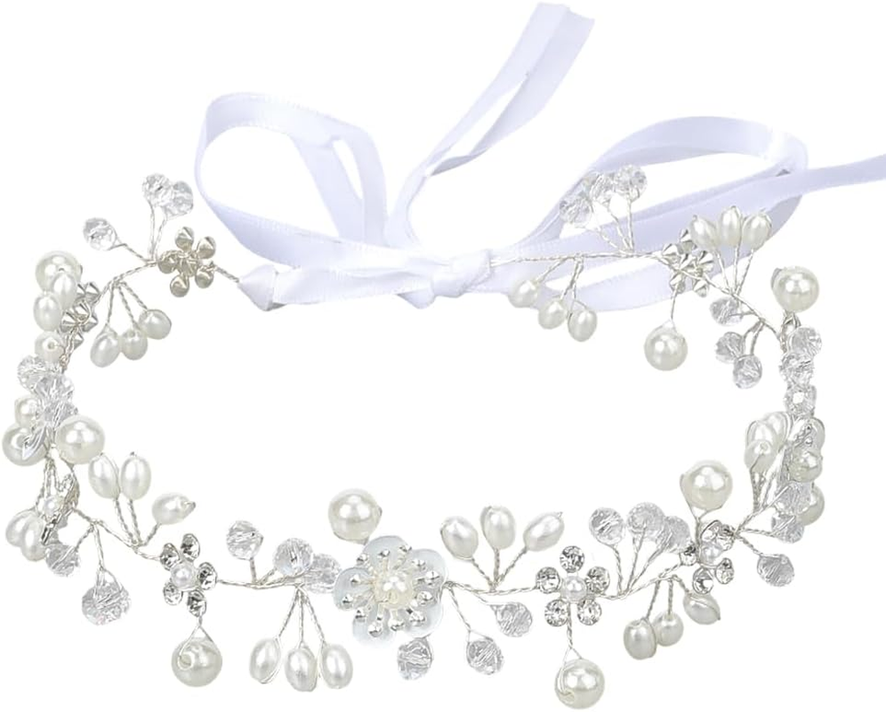 CABODYALS White Flower Pearls Hair Crown Silver Beads Vines Headpiece Vintage Boho Fairy Beads Headband Crystal Bridal Jewellery Headbands for Women Wedding Hair Dresses Birthday Party Accessories image number 2