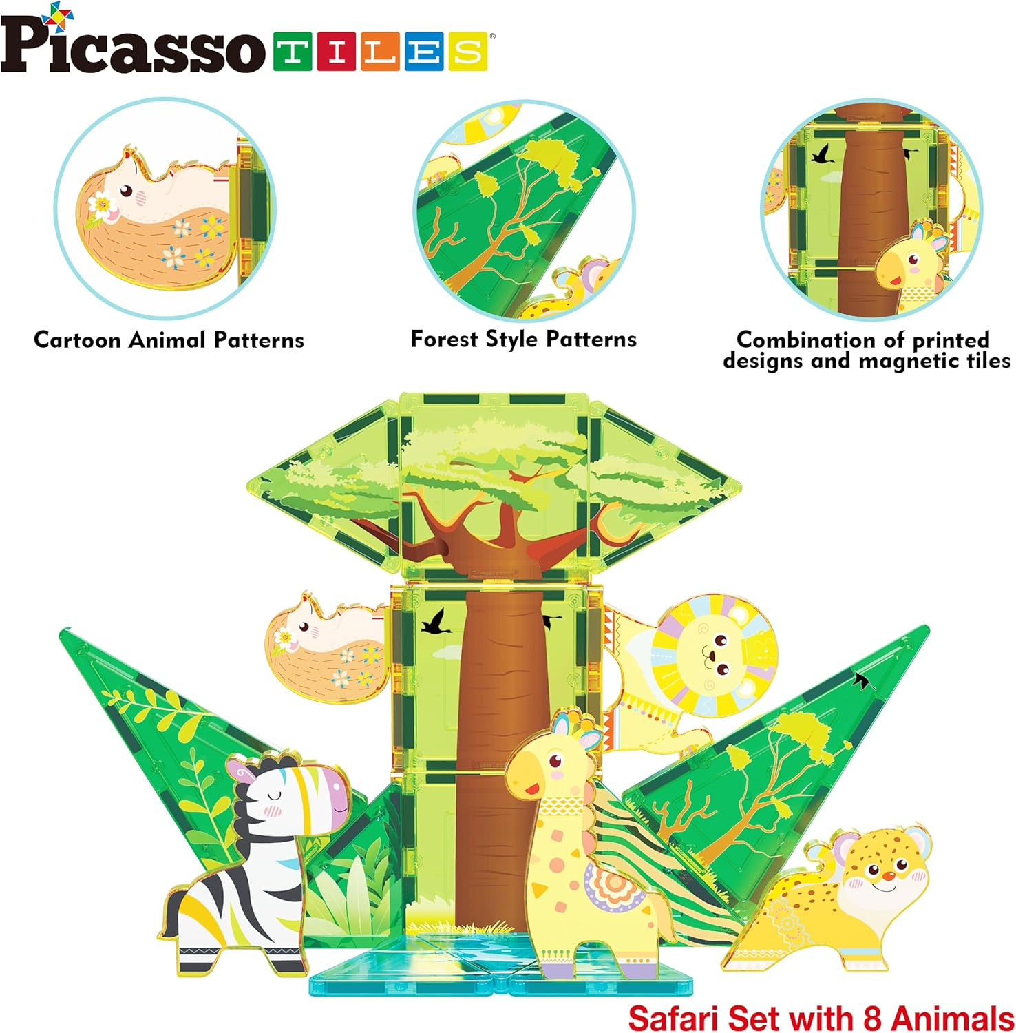 Picassotiles Magnet Tile Building Blocks Safari Themed Playset with 8 Animal Character Action Figures Magnetic Tiles STEM Learning Imaginative Play Toy Construction Set Preschool Toddler Ages 3+ PTQ22 image number 4
