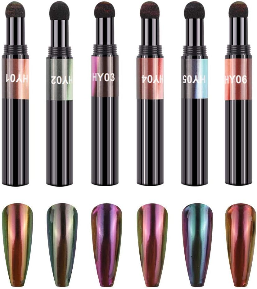 XICHEN 6 Colors/Set Air Cushion Nail Powder Pen Holographic Nails Powder with Mirror Effect, Manicure Cushion Magic Pen, Laser Phantom Series Magic Mirror Powder