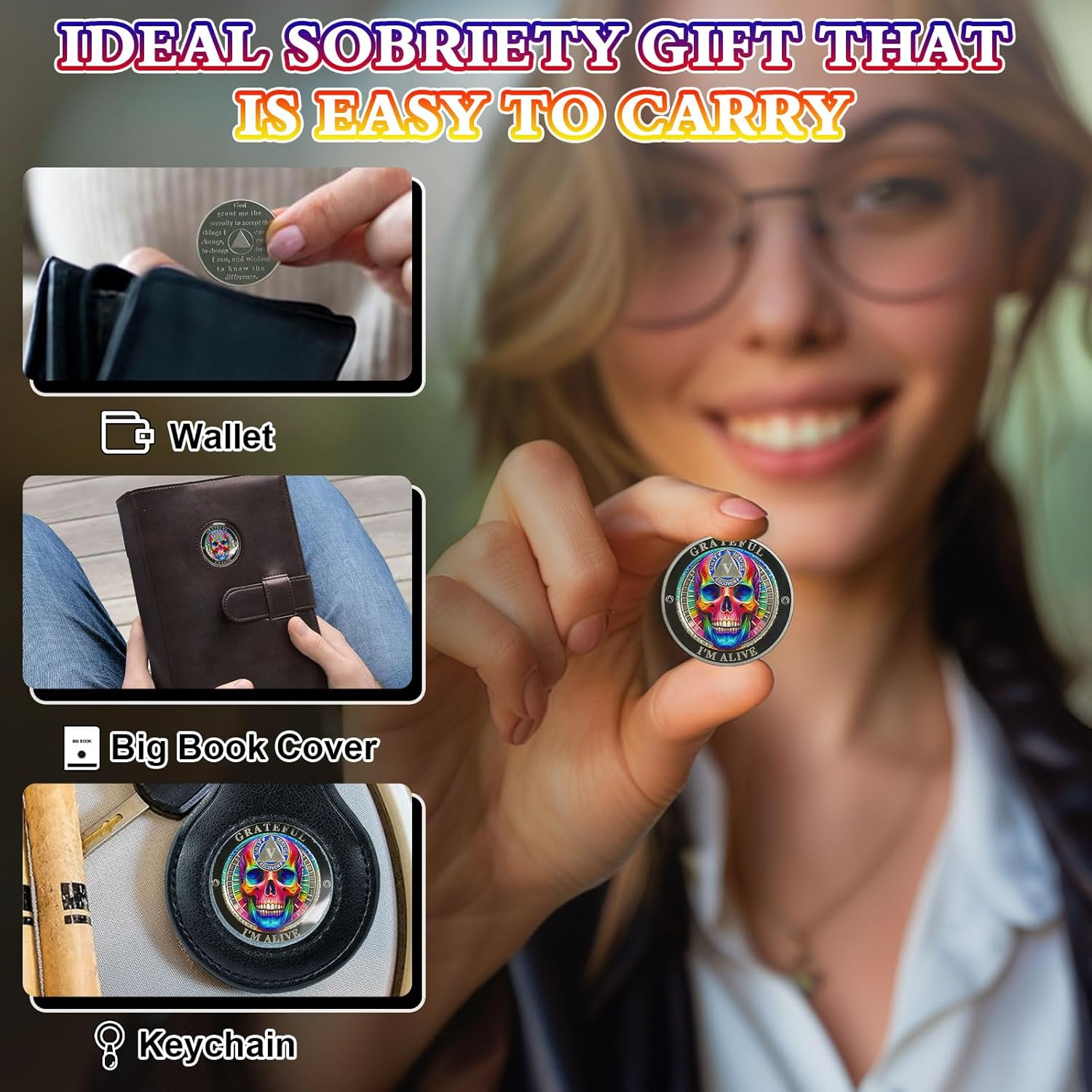 Rainbow Skull 5 Year Sobriety Coin Grateful I'M Alive Five Years Sober Chip - AA Chips and Medallion - AA Coin with Serenity Prayer Sobriety Gifts for Men Women image number 3