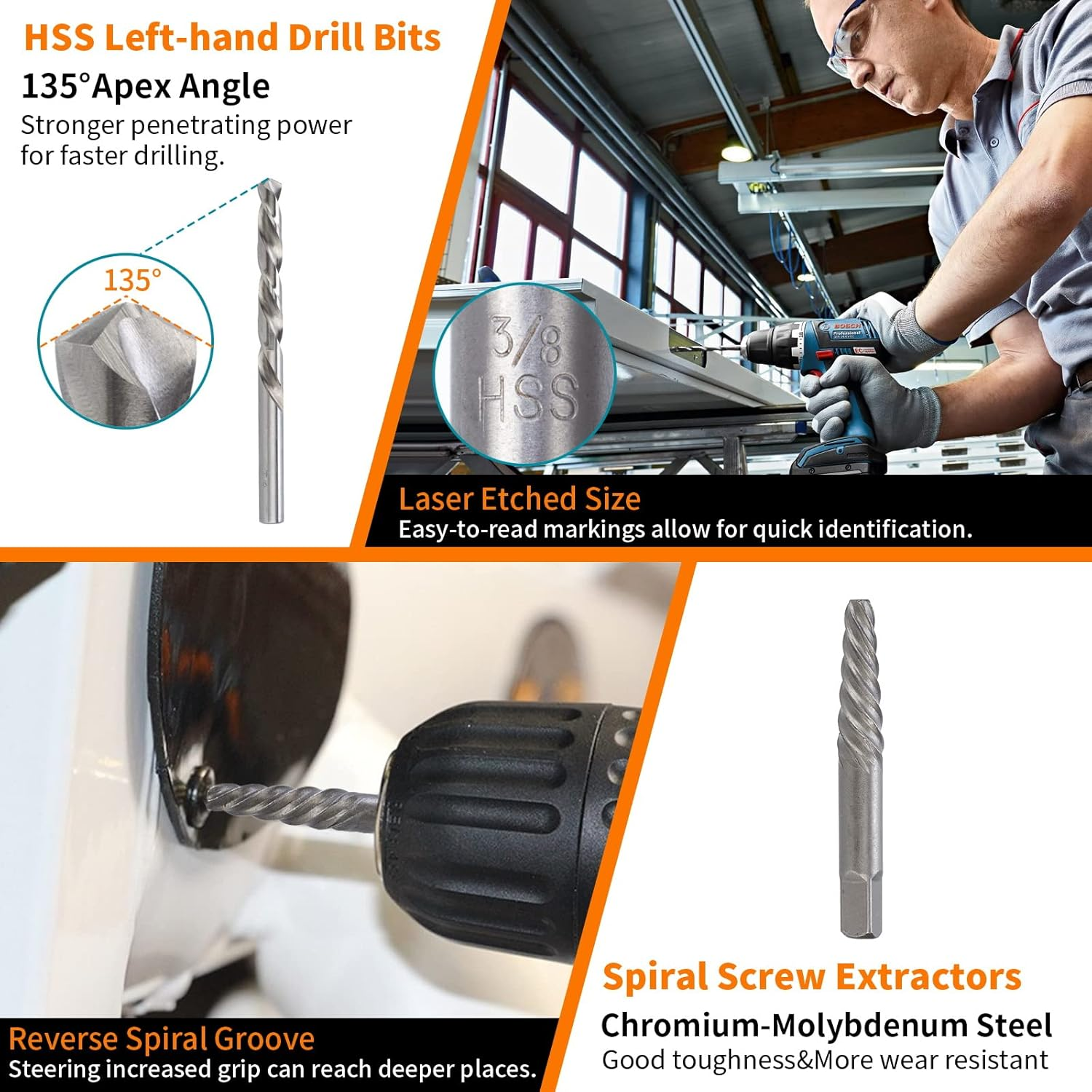 REBRA Screw&Bolt Extractor Set and Left-Hand Drill Bit Set, with Hex Adapter, Easy Out Stripped Screw Remover Socket Set Tool for Stripped, Damaged, Rounded-Off, Rusted Bolts, Nuts&Screws 26-Pieces image number 2