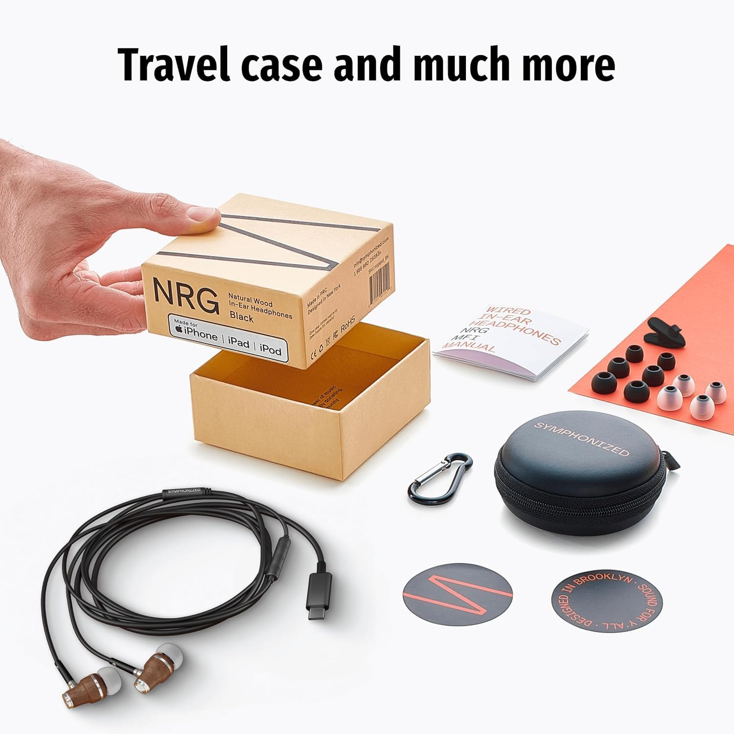 Symphonized Premium Wooden Iphone Earphones Wired (USB C) Deep Bass Sound, 3D Sound, Microphone Volume Control, 90% Noise Cancelling for Type C Devices. Earphones for Iphone 15 to 17 & Android (Black) image number 1