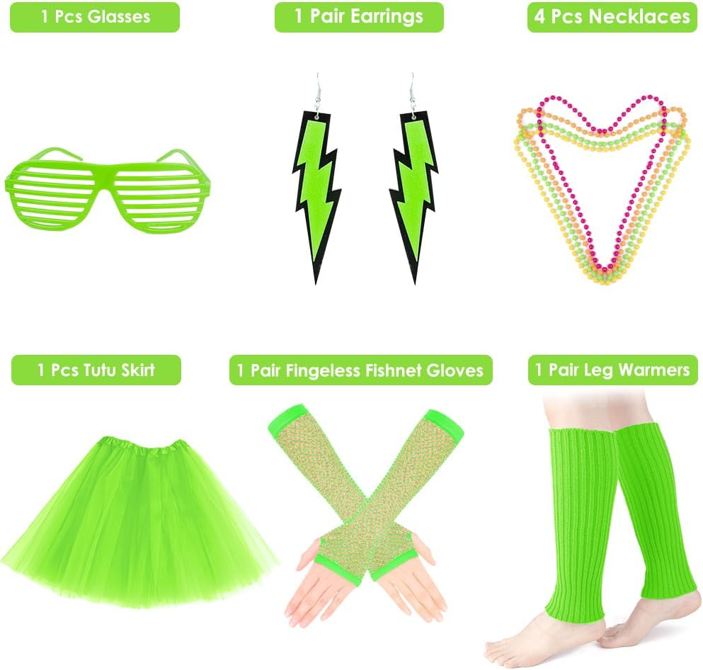 AUTOWT 80S Costumes for Women, 6 Packs 80S Accessories Set with Fishnet Gloves Earrings Necklaces Leg Warmers, Tutu Skirts for 1980S Theme Party Outfits - Pink image number 6