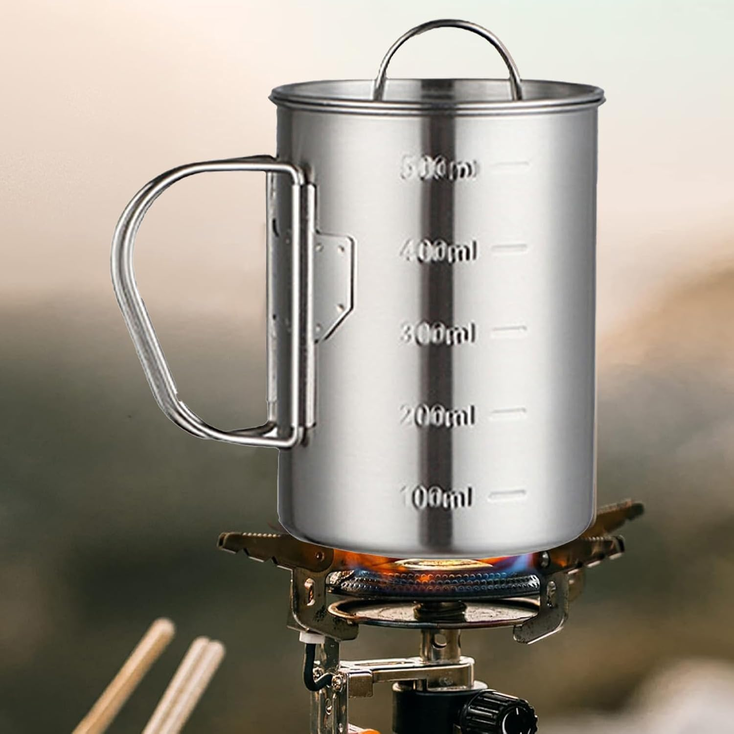 Glomora Stainless Steel Camping Mug, Stainless Steel Camping Cup Pot, Outdoor Mug with Folding Handle, Lid Scale - Ideal for Camping, Hiking, Backpacking (500 Ml) image number 6
