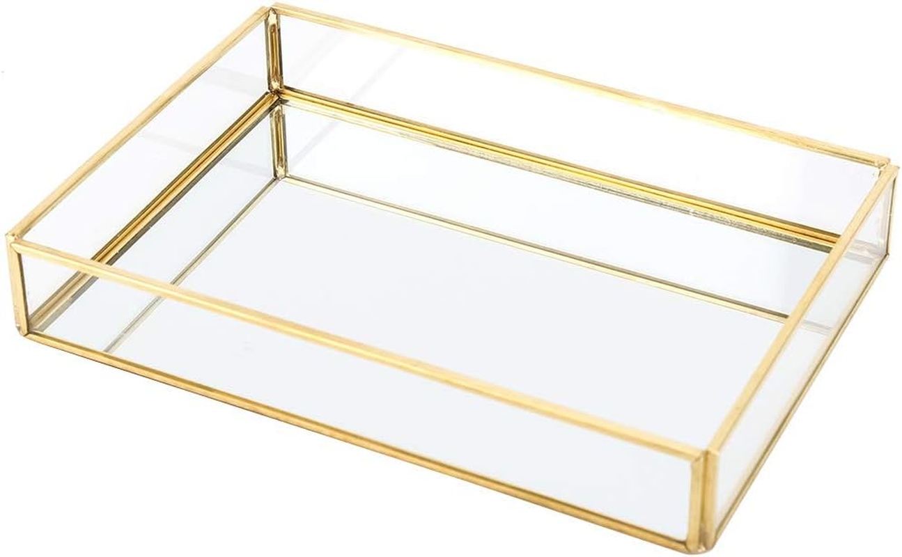 Haofy Vintage Mirror Tray Jewelry Cosmetics Display Boxes Metal Glass Storage Box Gold Tray Cosmetics Vanity Storage (S) image number 5