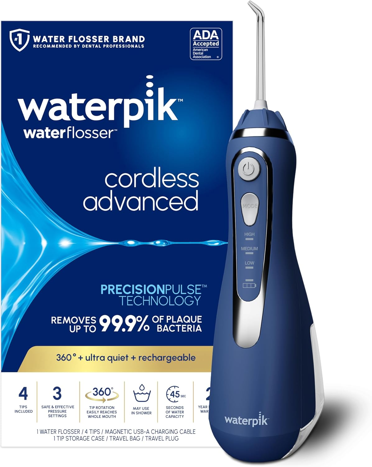 Waterpik Cordless Advanced 2.0 Water Flosser for Teeth, Gums, Braces, Dental Care with Travel Bag and 4 Tips, ADA Accepted, Rechargeable, Portable, and Waterproof, Black WP-582, Packaging May Vary