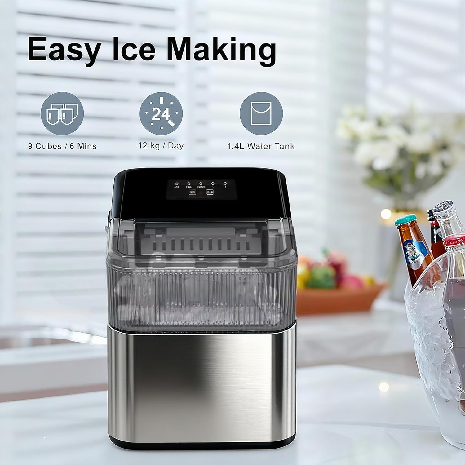 Portable Countertop Ice Maker, 9 Bullet Ice in 6&ndash;10 Mins, 12&ndash;15Kg/24H, 1.5L Water Tank, Auto-Clean Stainless Steel Icemaker with Basket & Scoop for Home, Office, Bar (Stainless Steel, 1.5L)